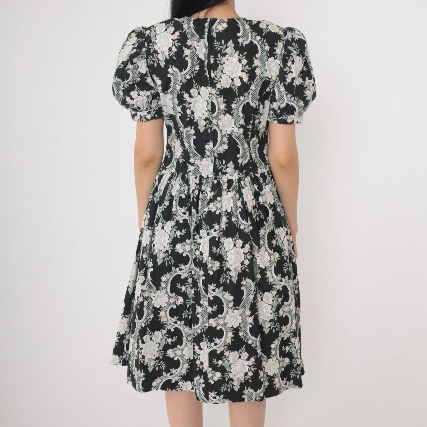 80s Gunne Sax Floral Lace Midi Dress Black White Puff Sleeve Basque Waist XS