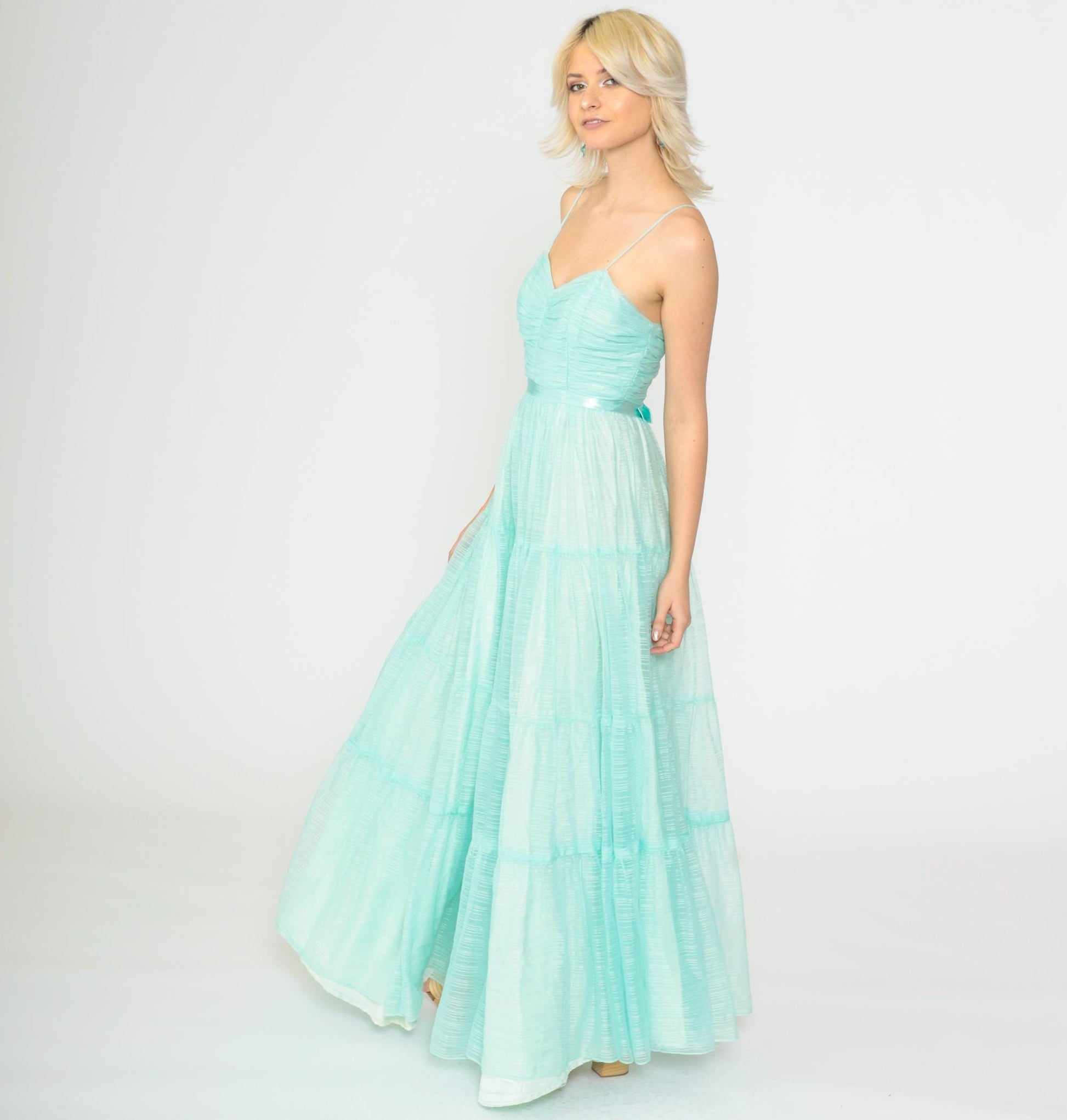 70s Aqua Maxi Dress Spaghetti Strap High Waist Floor Length Extra Small