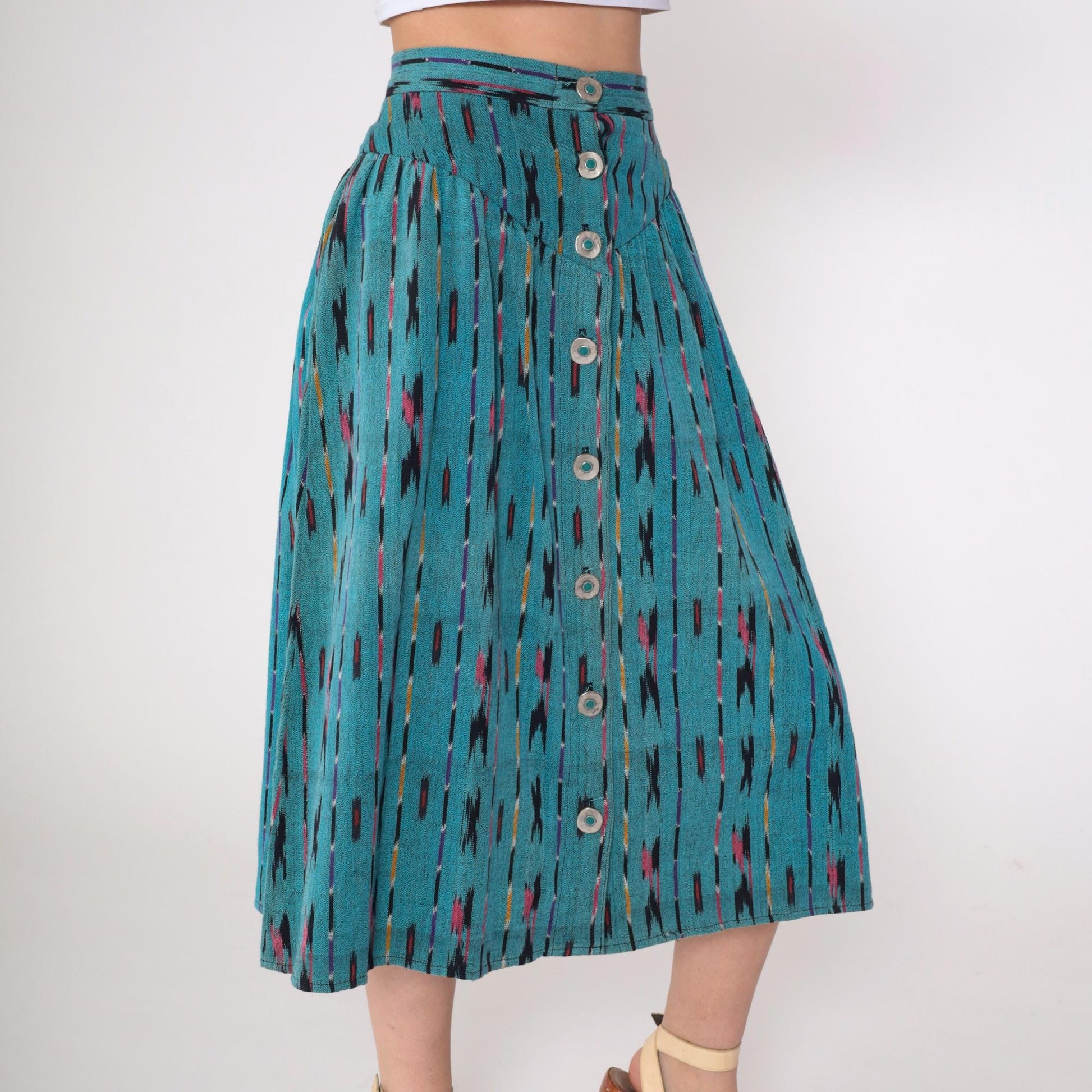 90s Teal Ikat Midi Skirt Button Front High Waist Southwestern Extra Small