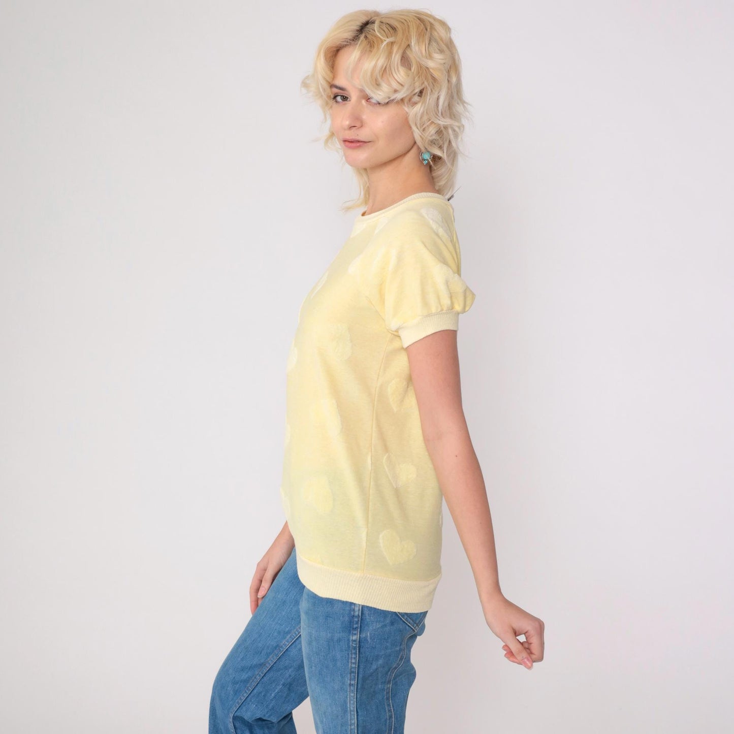 80s Terry Cloth Heart Shirt Light Yellow Raglan Crewneck XS