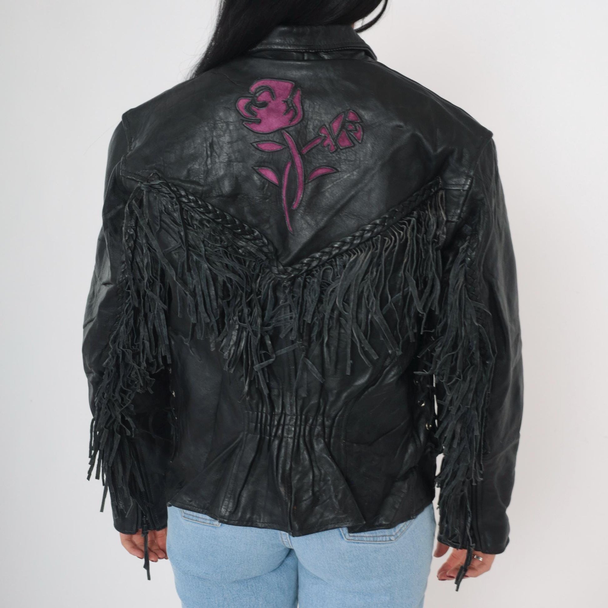 90s Black Leather Fringe Jacket Purple Suede Roses Western Biker Large L