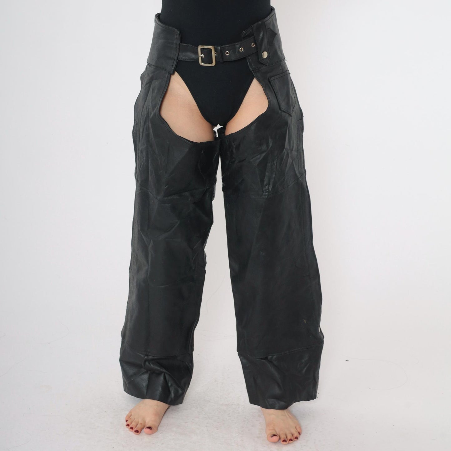 90s Black Leather Assless Chaps Motorcycle Buckle Zippers Small S