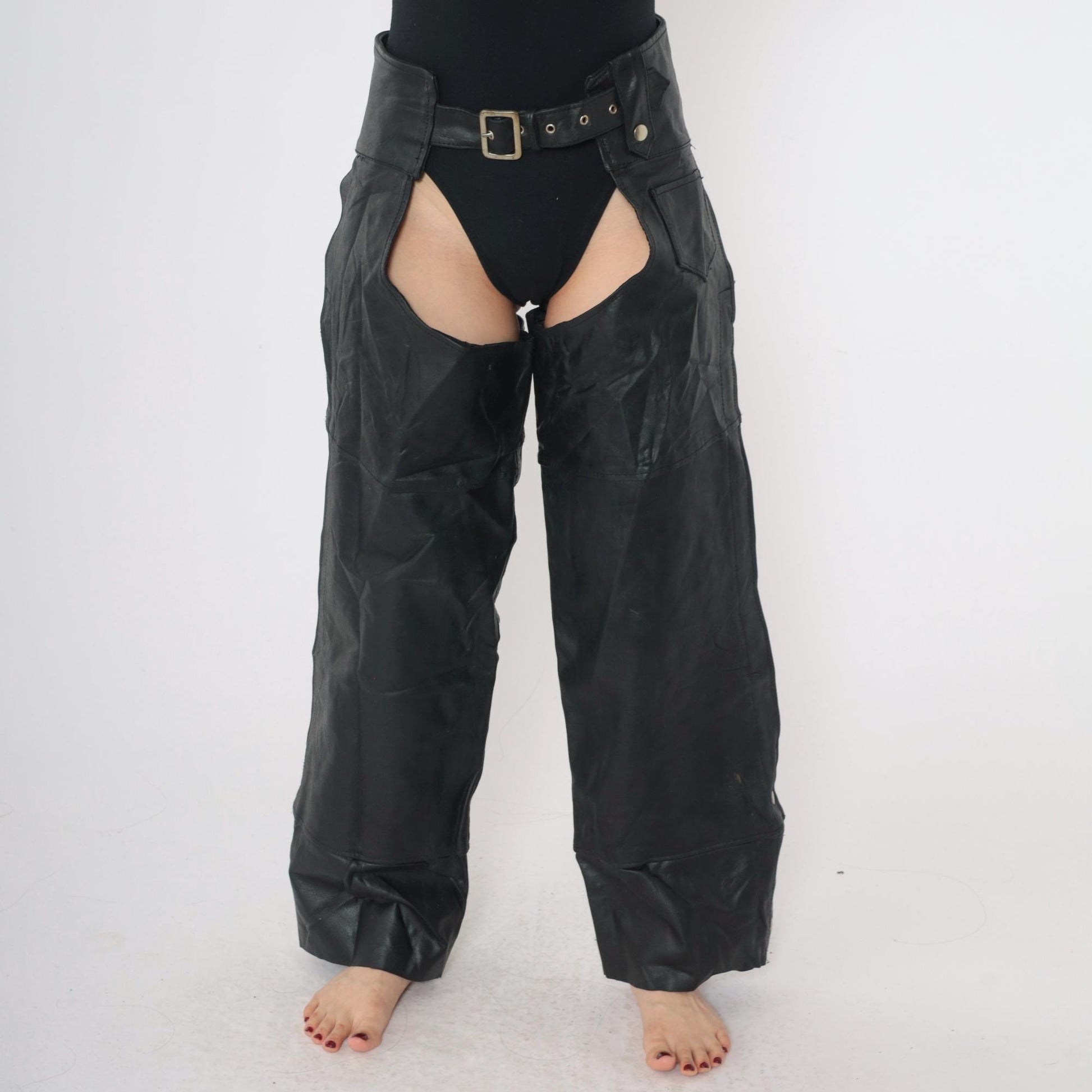 90s Black Leather Assless Chaps Motorcycle Buckle Zippers Small S