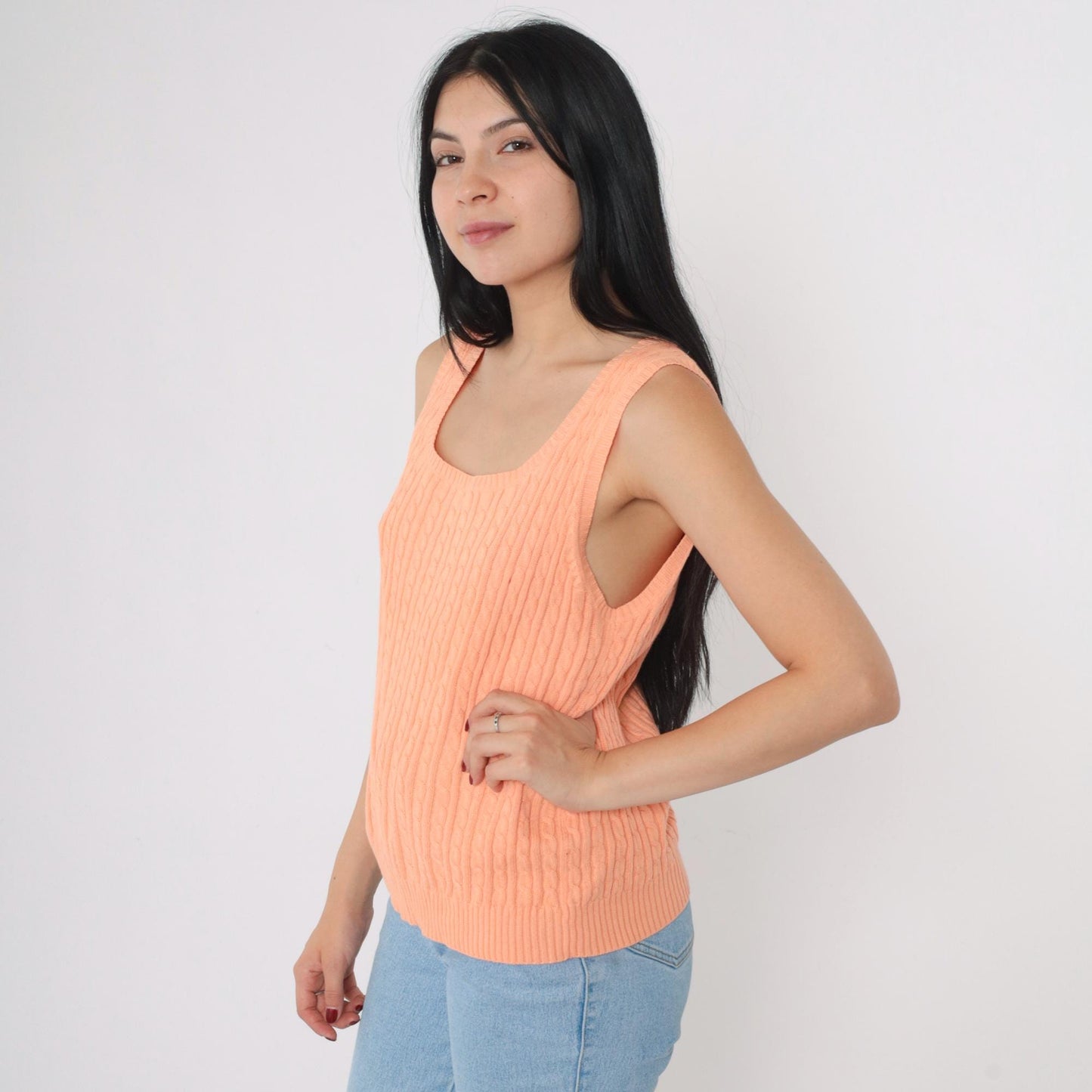 90s Cable Knit Vest Peach Scoop Neck Sleeveless Pullover Small