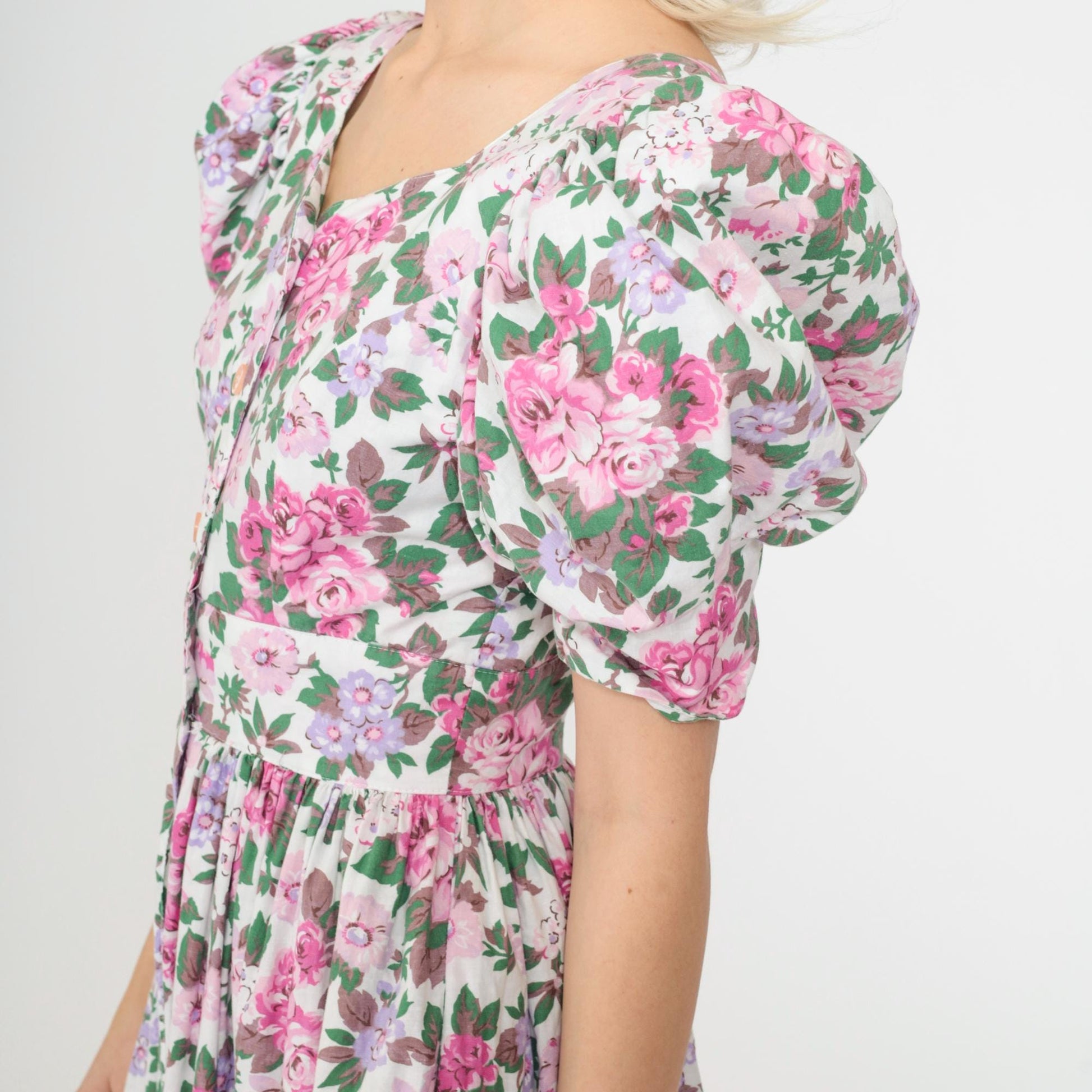 80s Act I Floral Puff Sleeve Midi Dress Criss-Cross Keyhole Back White Pink Extra Small