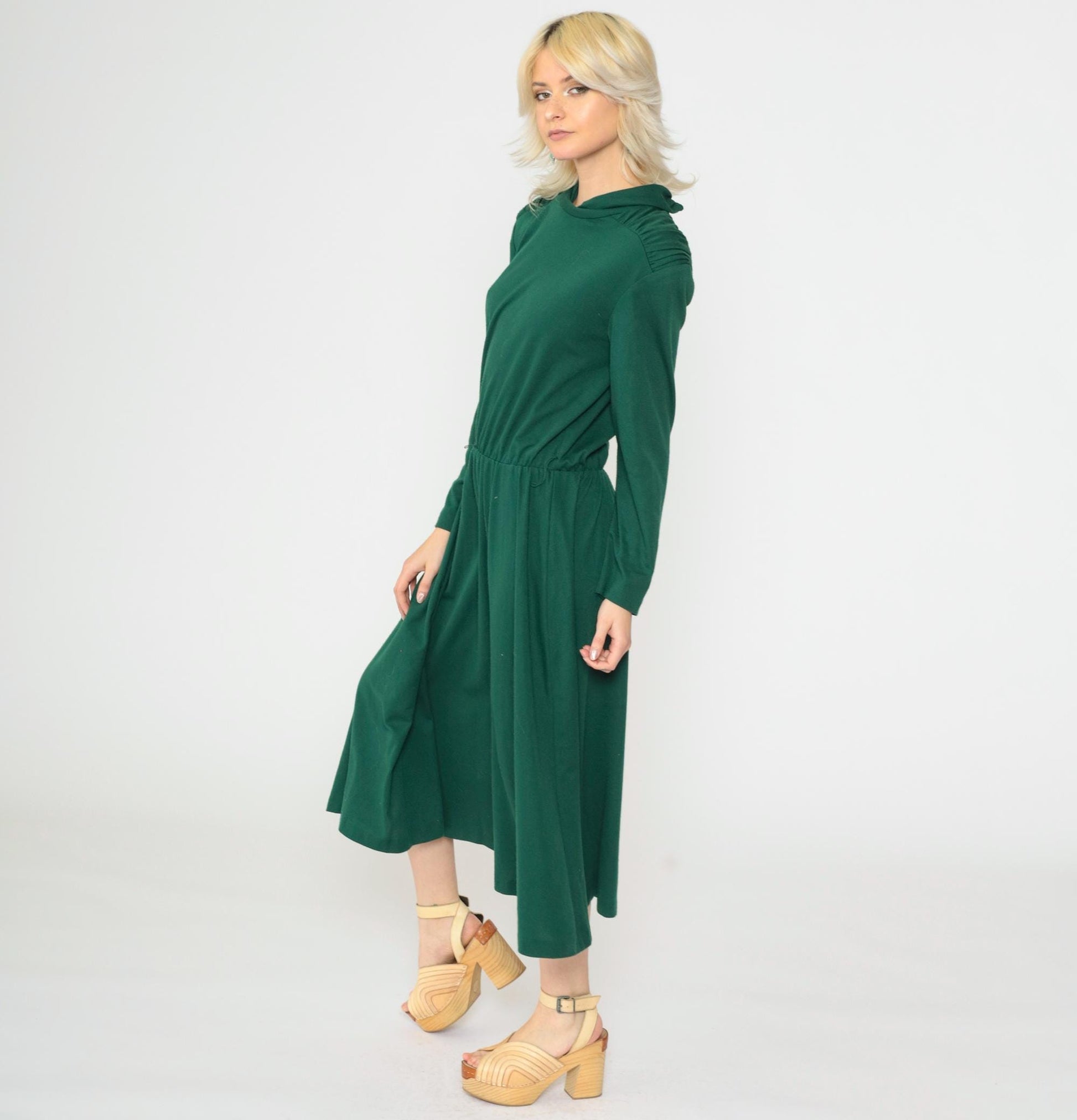 80s Green Midi Dress Mock Neck Long Sleeve Elastic Waist Medium