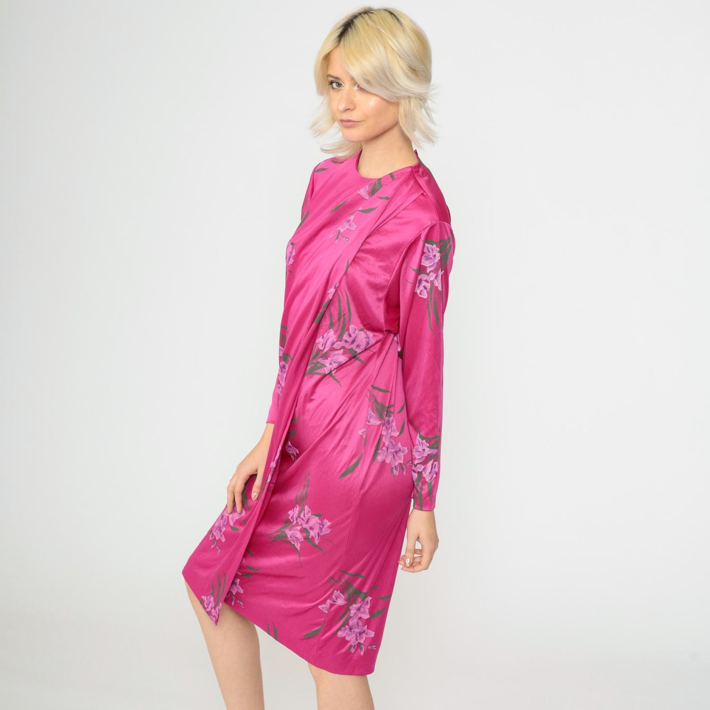 70s Floral Shift Dress Bright Pink Tropical Print Long Sleeve Midi Medium