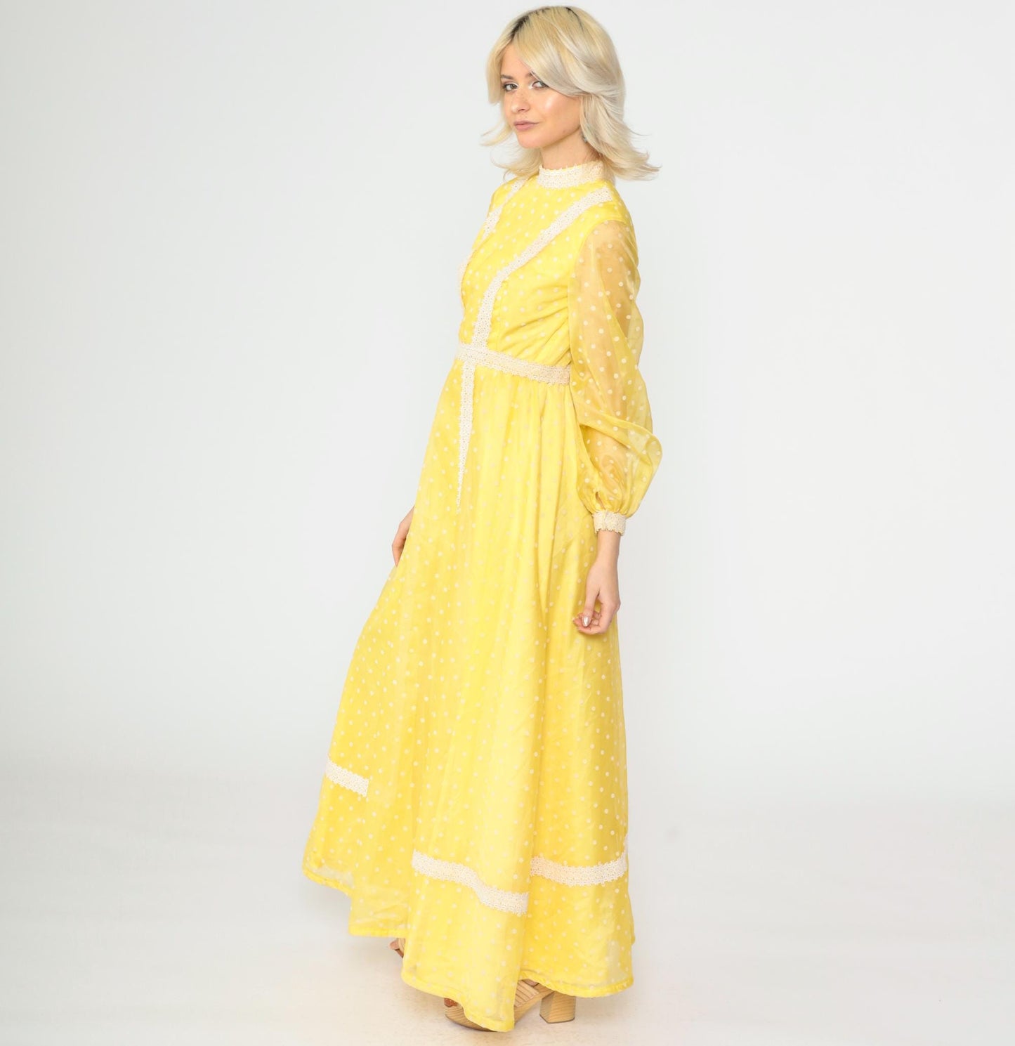 70s Yellow Polka Dot Organza Maxi Dress Balloon Sleeve Lace Trim Extra Small