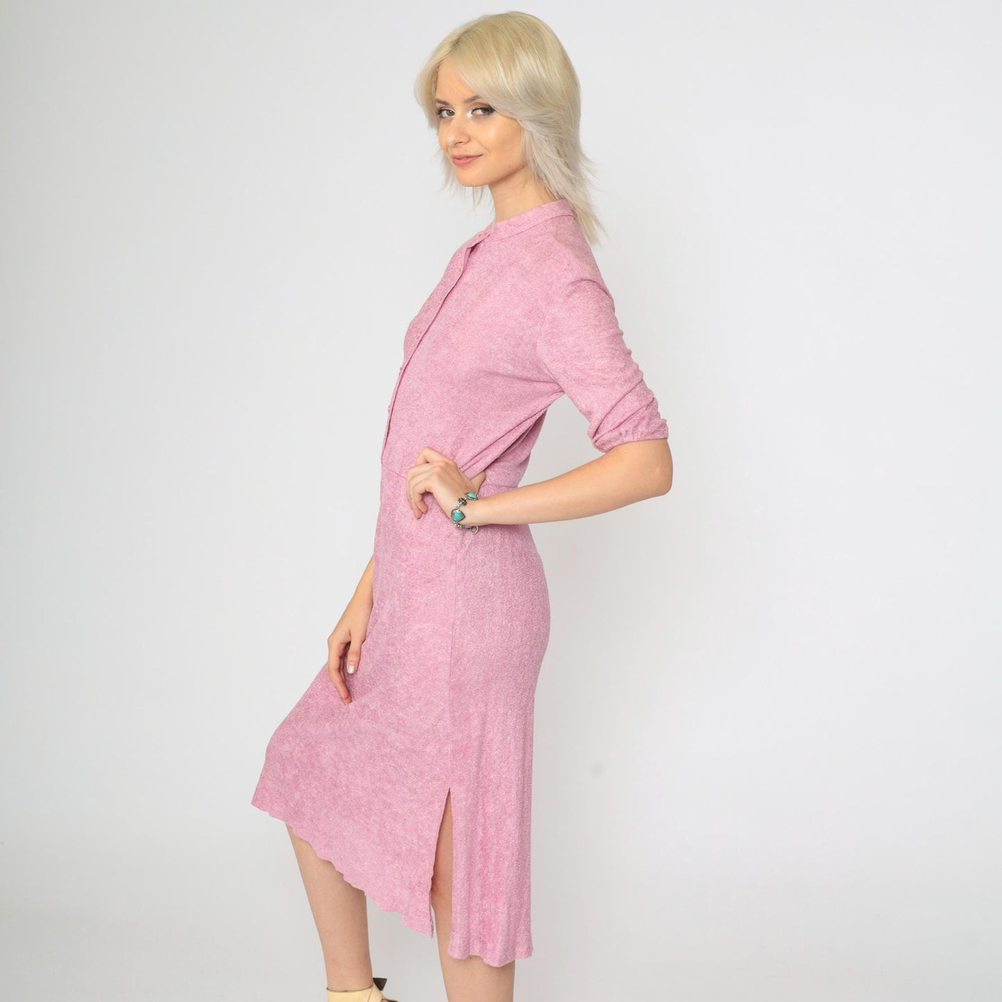 70s Pink Terry Cloth Midi Dress Mandarin Collar Button Up Half Sleeve Extra Small