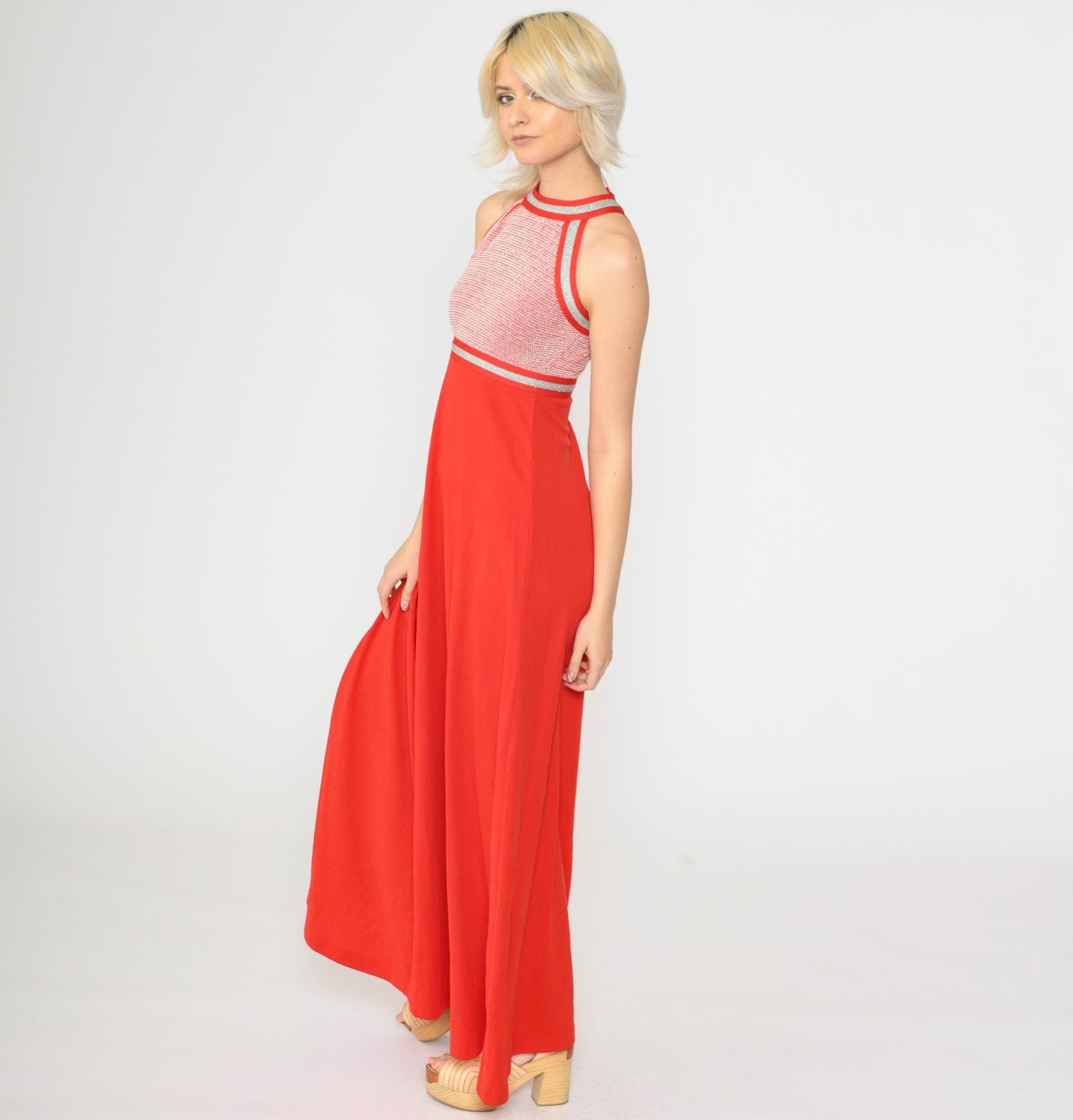 70s Red Metallic Halter Maxi Dress Empire Waist Racerback Extra Small