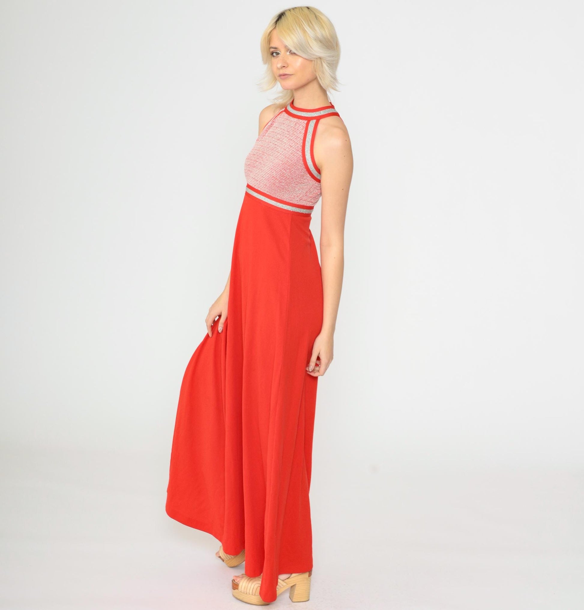 70s Red Metallic Halter Maxi Dress Empire Waist Racerback Extra Small