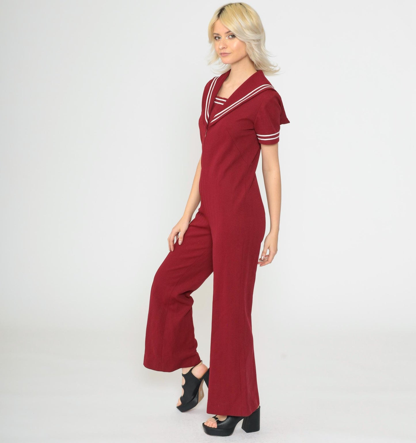 70s Sailor Collar Jumpsuit Burgundy Bell Bottom Zip Front Small