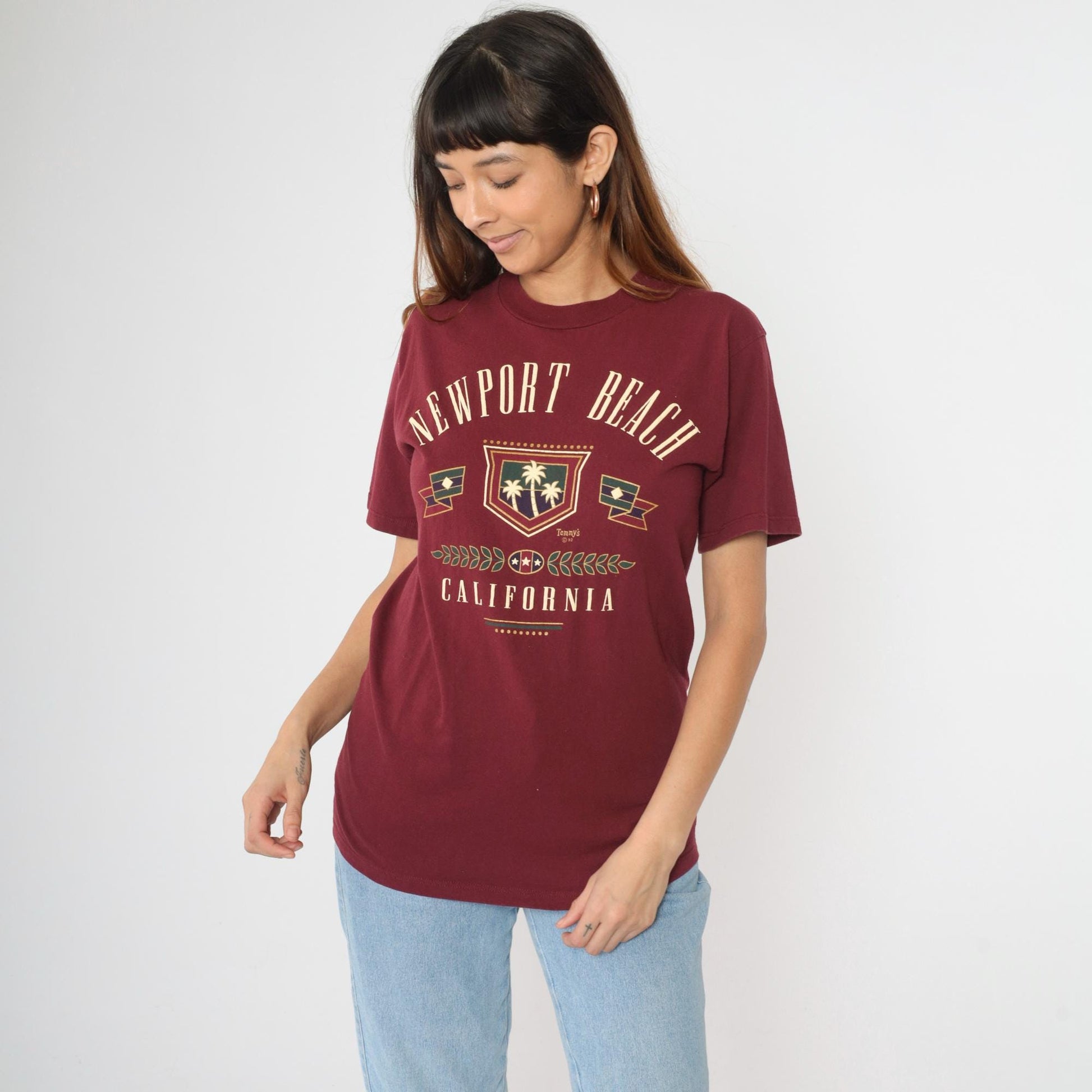 90s Newport Beach California Graphic Tee Burgundy Cotton Medium