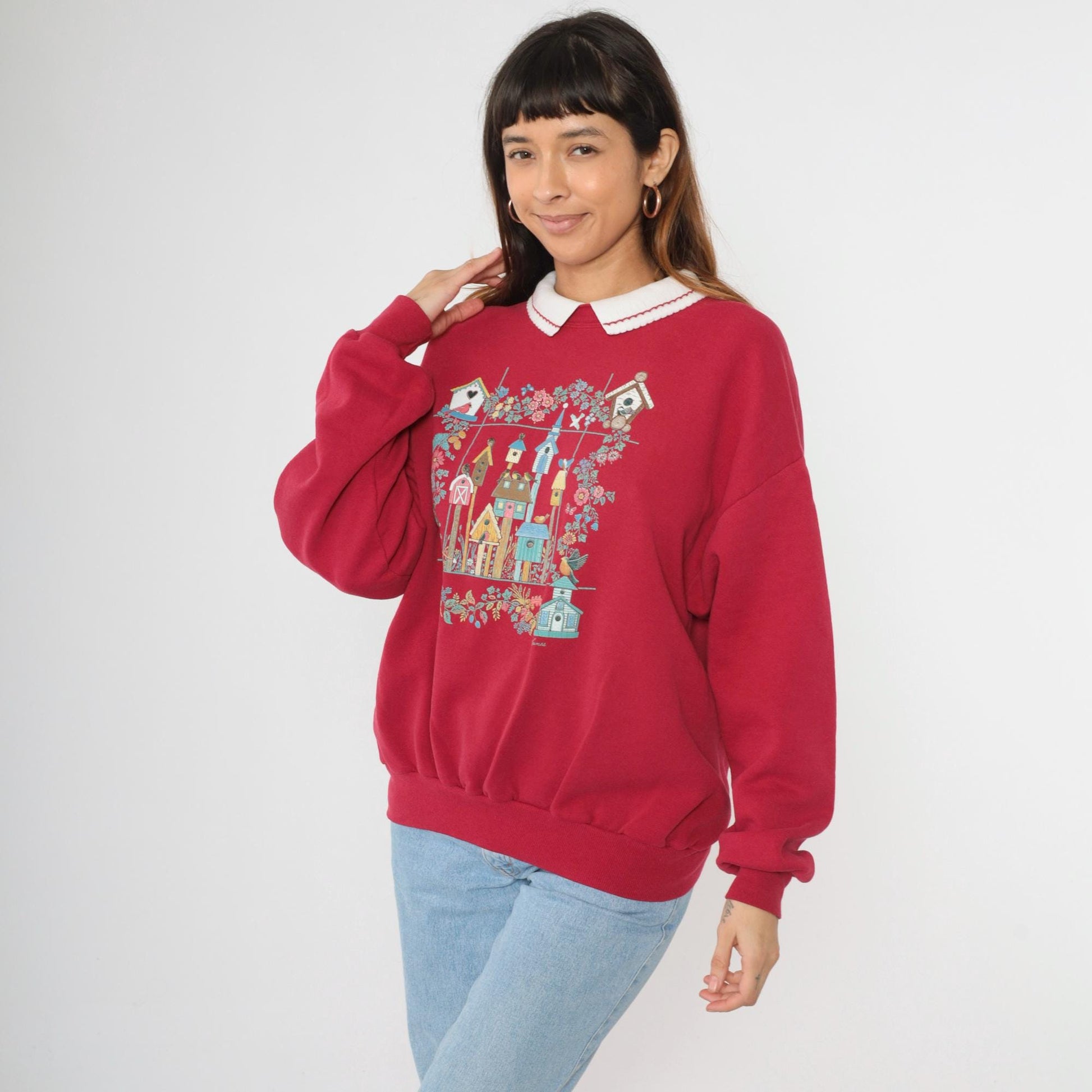 90s Morning Sun Red Birdhouse Collared Sweatshirt Graphic Jumper Extra Large