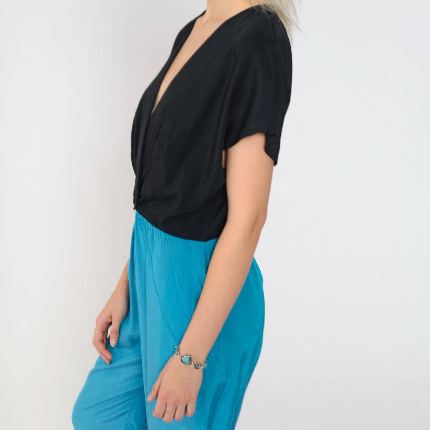 80s Colour Block Jumpsuit Black Blue Wrap V-Neck Tapered Small S