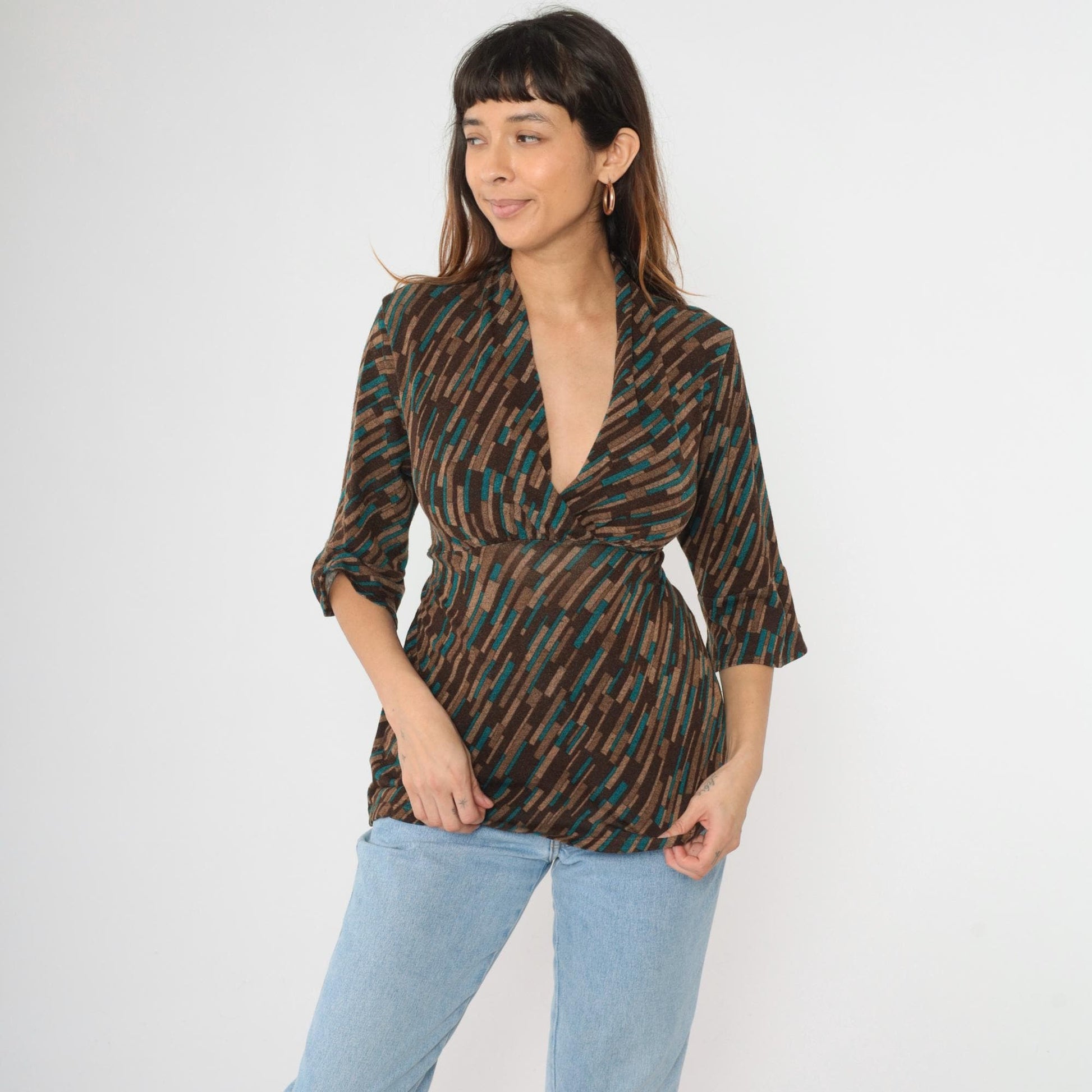 Y2K Briggs New York Striped Blouse Empire Waist Deep V Neck Brown Teal Large Petite