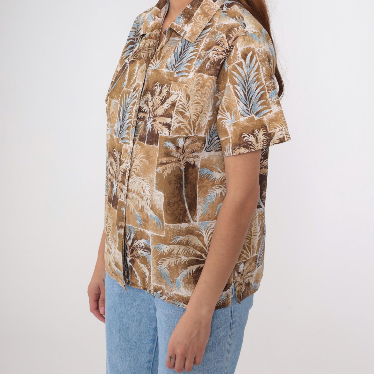 90s Hawaiian Shirt Brown Palm Tree Print Cotton Button Up Medium