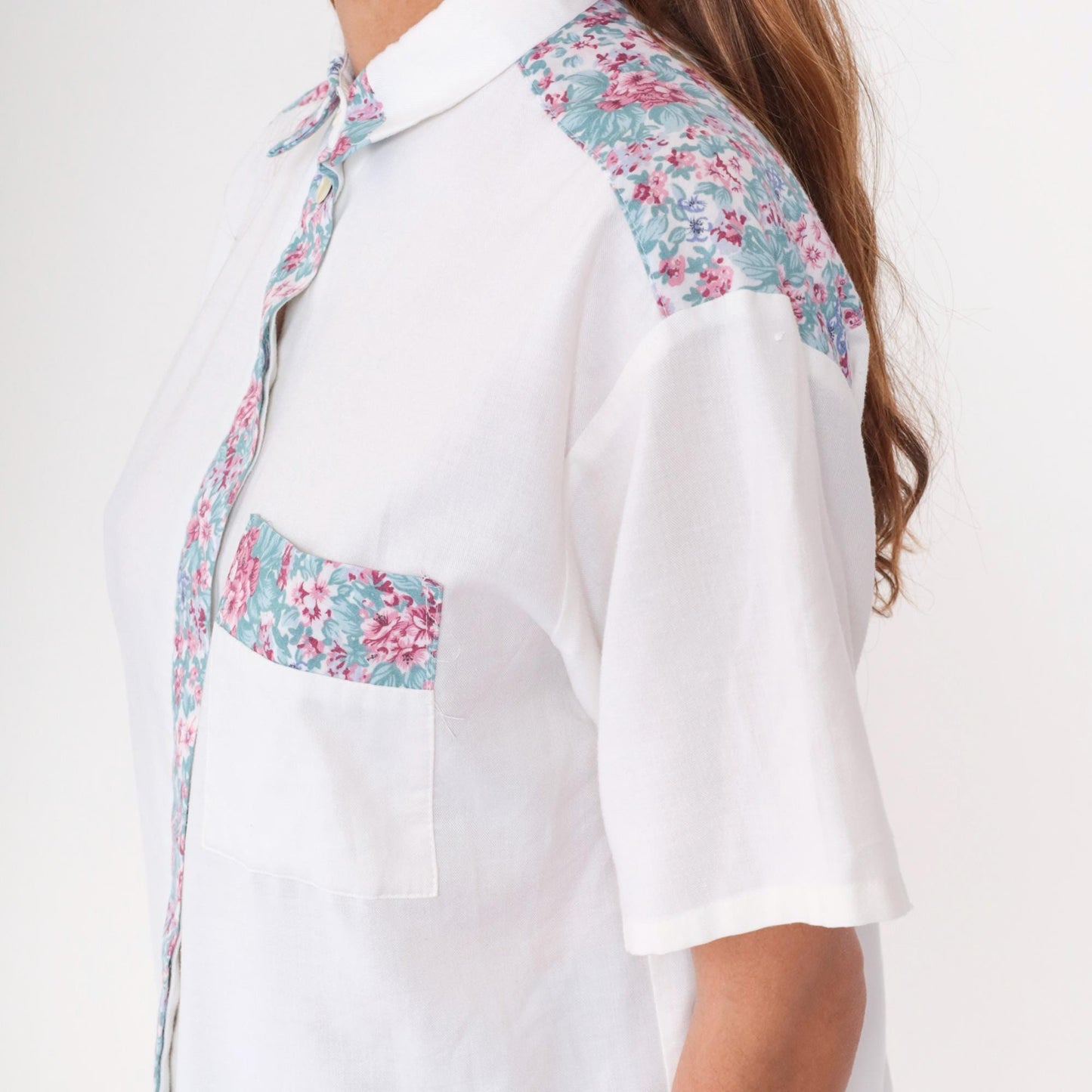 90s Fritzi Petites White Floral Button-Up Blouse Short Sleeve Medium