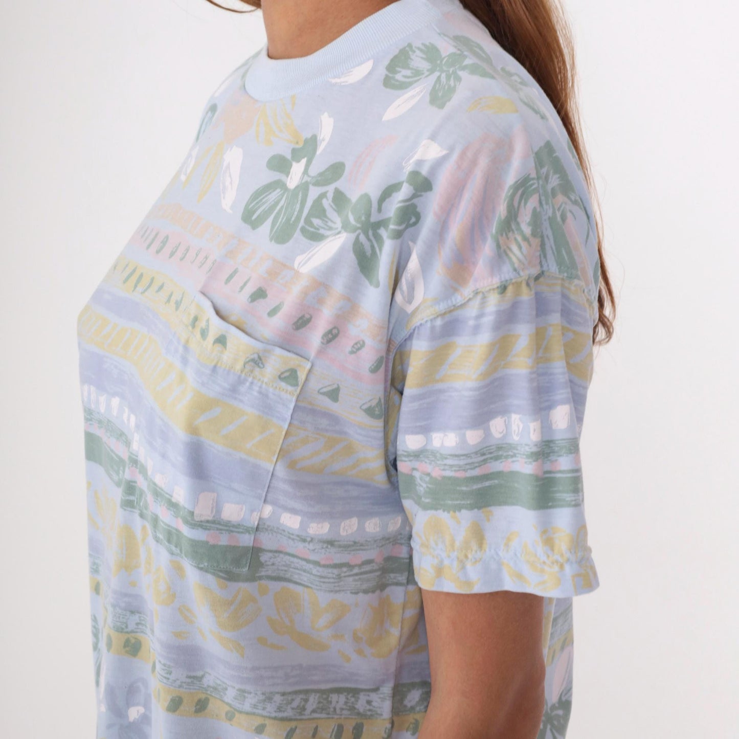 90s Floral Ringer Tee Pastel Blue Striped Graphic T-Shirt Large L