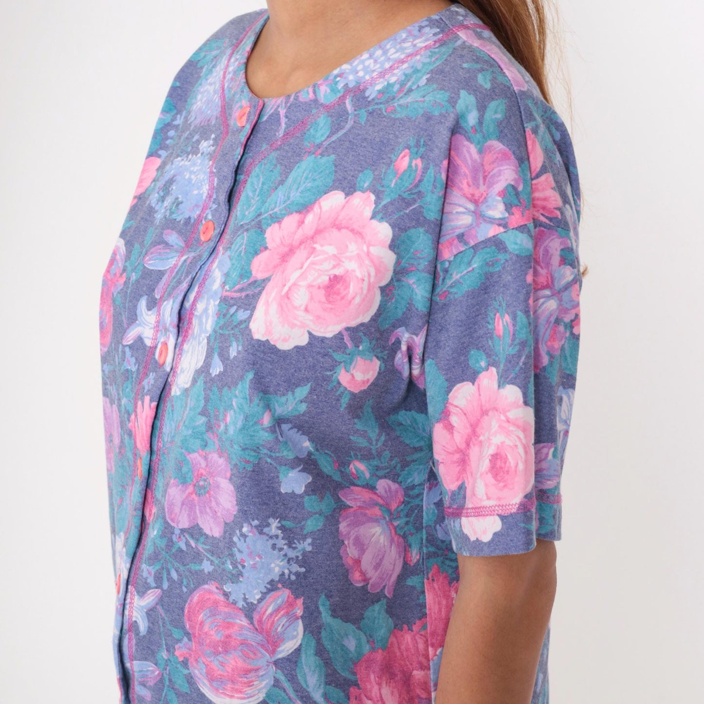 90s Floral Button-Up Blouse Purple Pink Flower Print Short Sleeve Medium