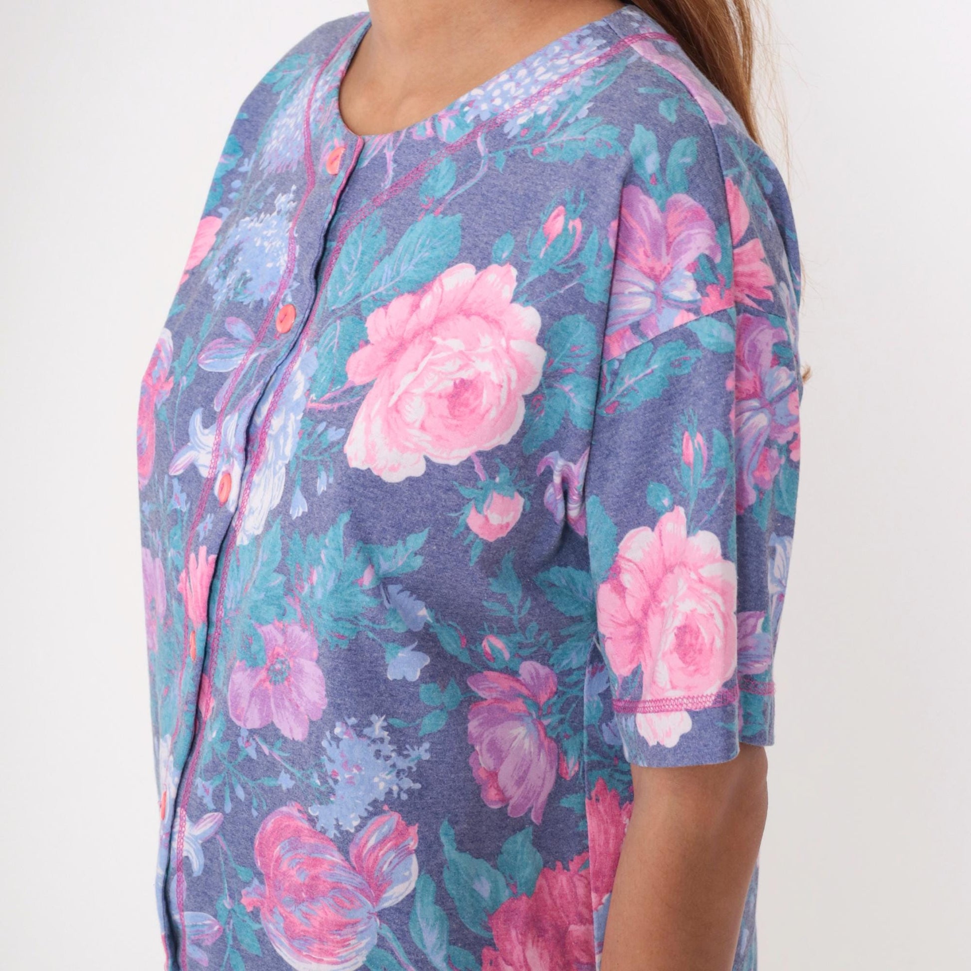 90s Floral Button-Up Blouse Purple Pink Flower Print Short Sleeve Medium