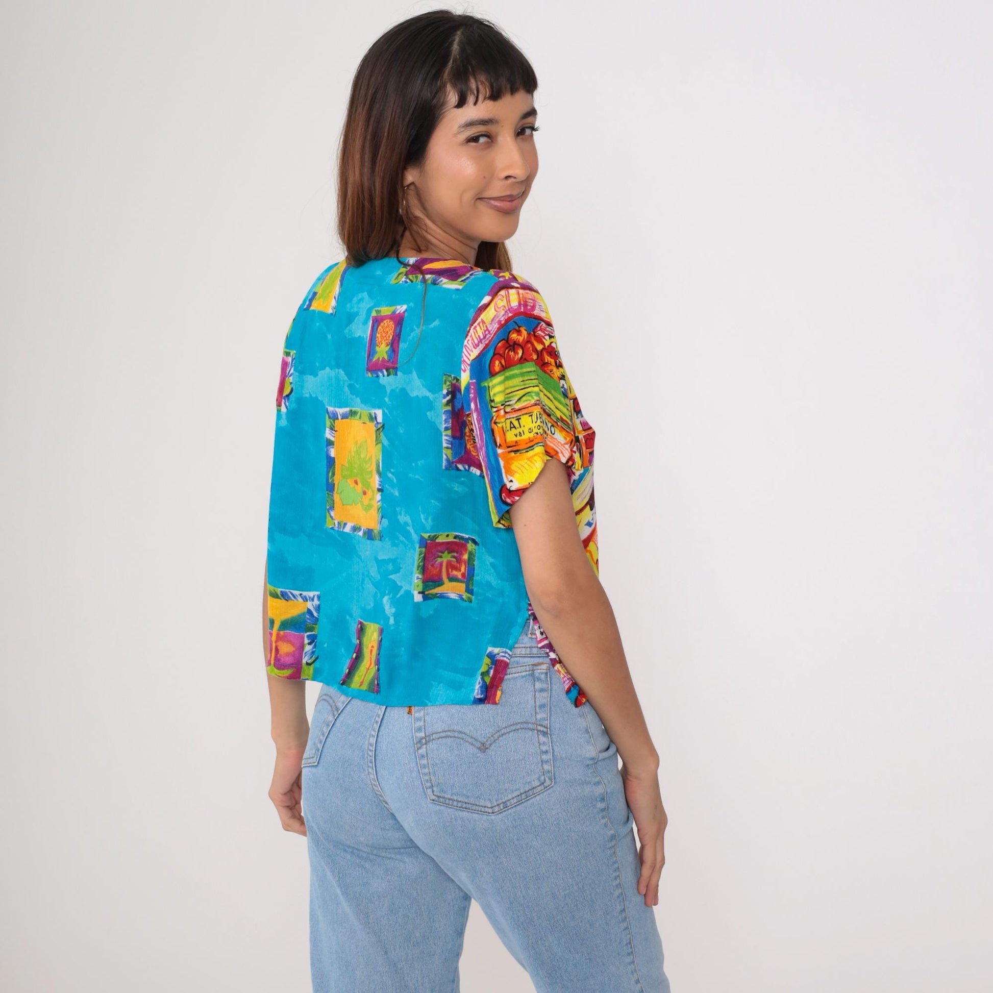 90s Key Lime Pie Tropical Fruit Guitar Print Rayon Button-Up Blouse Medium