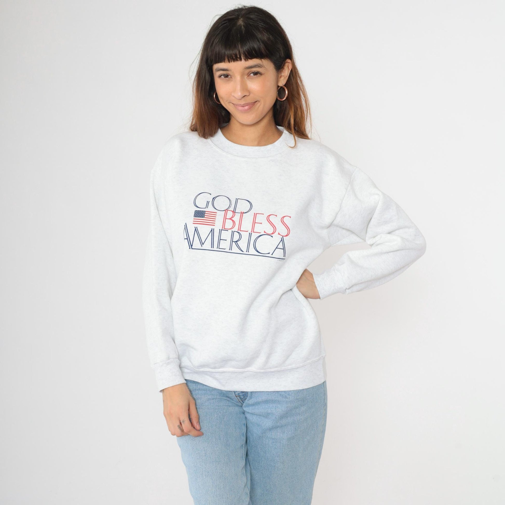 90s God Bless America Sweatshirt Heather Grey Graphic Crewneck Large