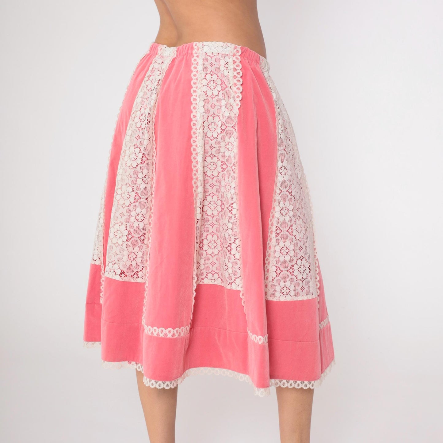 70s Carefree Fashions Pink Velour Midi Skirt Lace Trim High Waist Medium Large