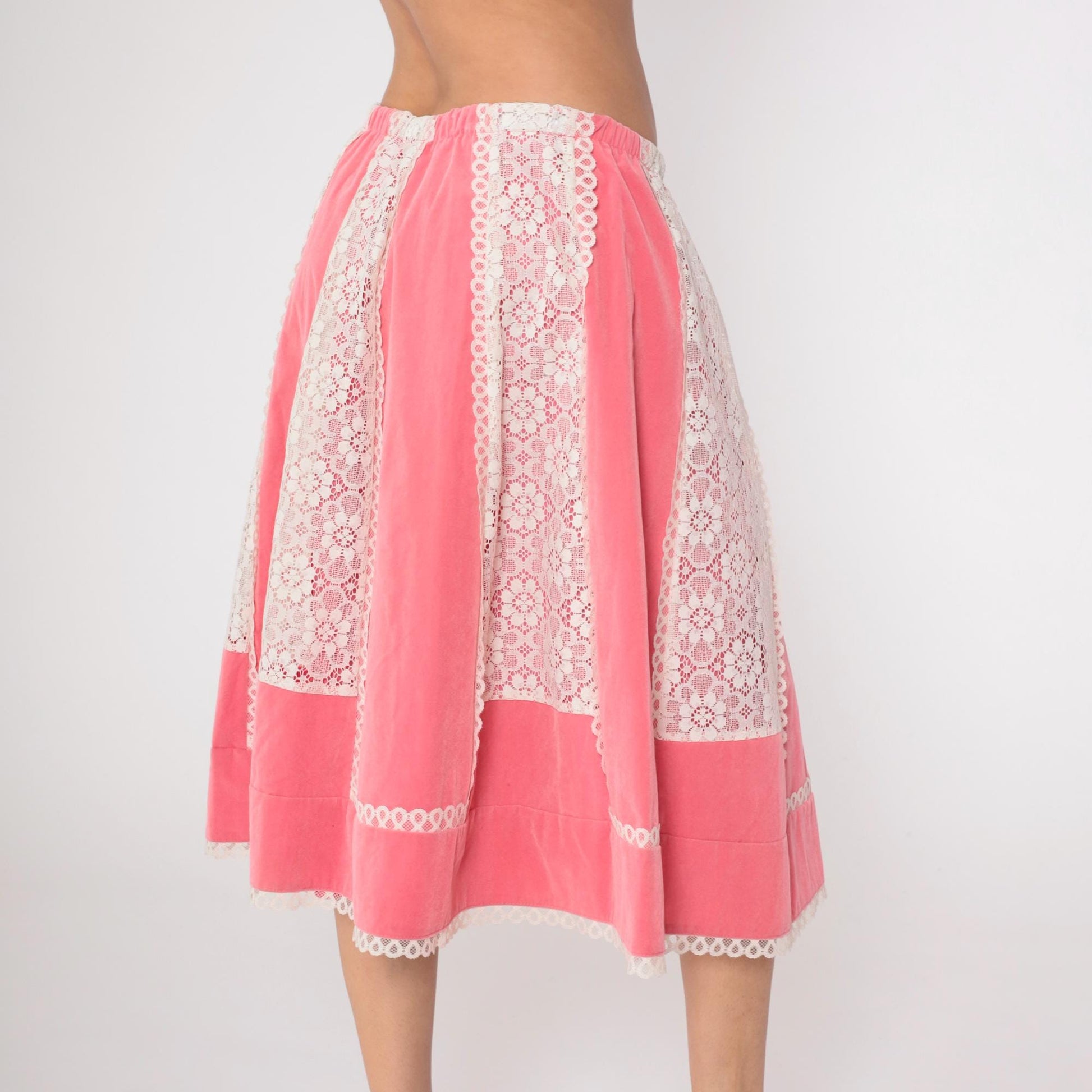 70s Carefree Fashions Pink Velour Midi Skirt Lace Trim High Waist Medium Large