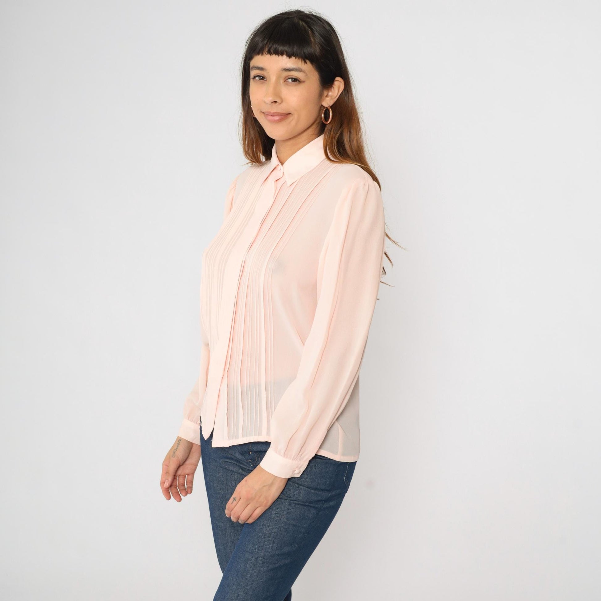 90s Laura and Jayne Pink Pleated Blouse Puff Sleeve Button Up Small