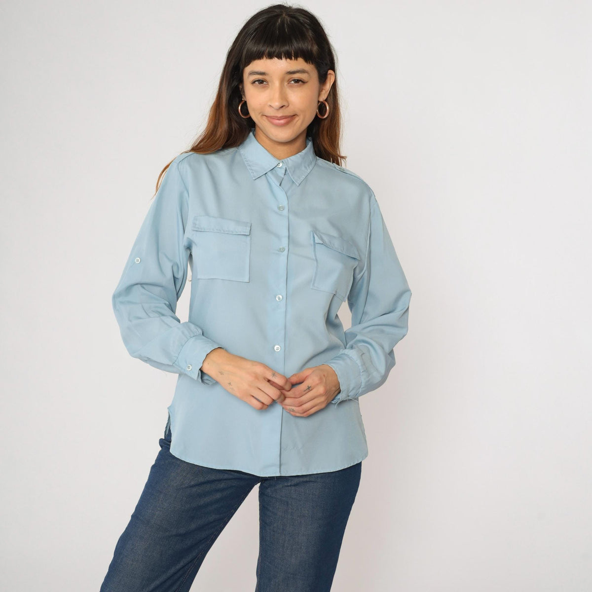80s Ship n Shore Light Blue Button-Up Blouse Roll Tab Sleeves Medium