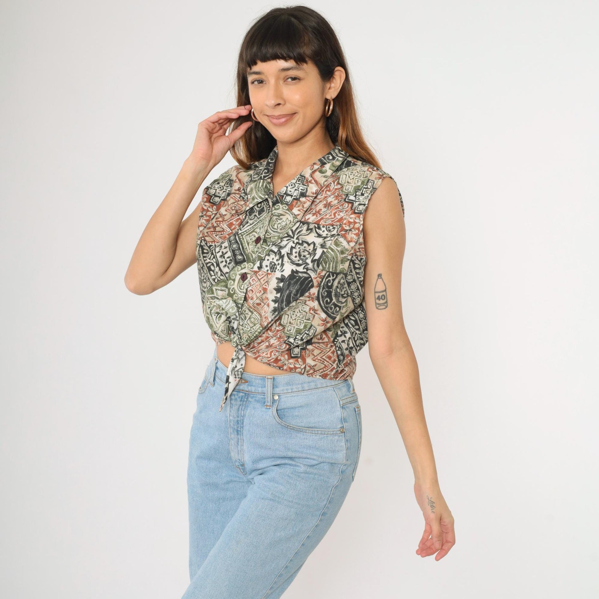 90s Bonjour Patchwork Floral Crop Top Sleeveless Button-Up Blouse Green Extra Large