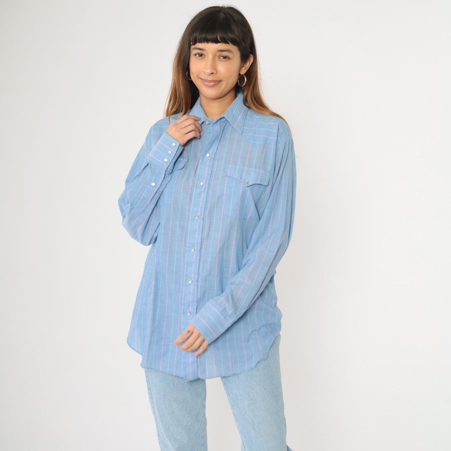 90s Panhandle Slim Western Shirt Blue Striped Pearl Snap Cowboy Large