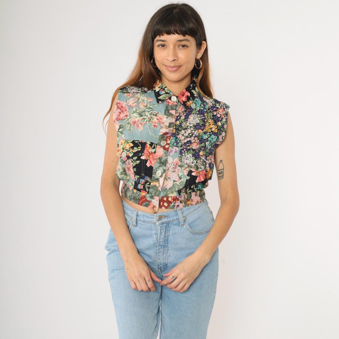 90s Cotton Express Floral Patchwork Crop Vest Button-Up Sleeveless Medium