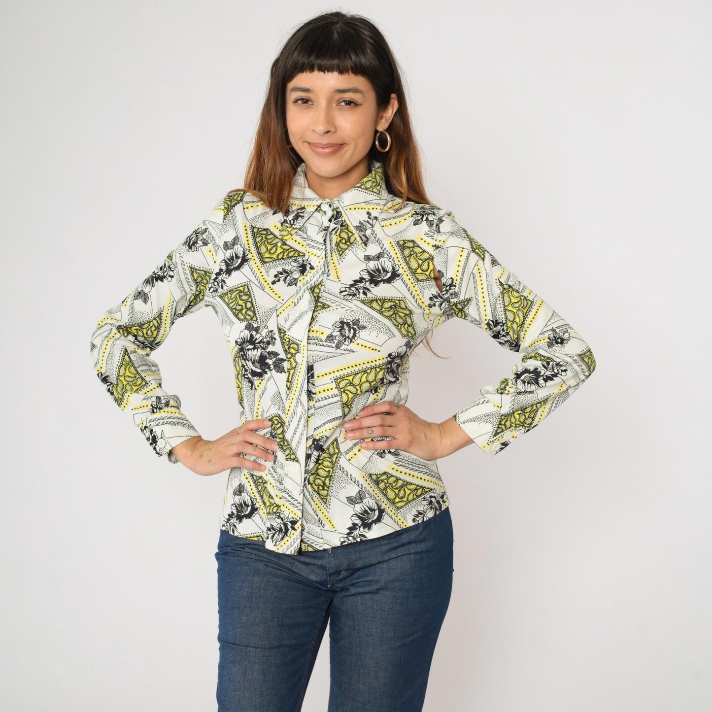 70s Floral Paisley Dagger Collar Button-Up Blouse Long Sleeve White Small
