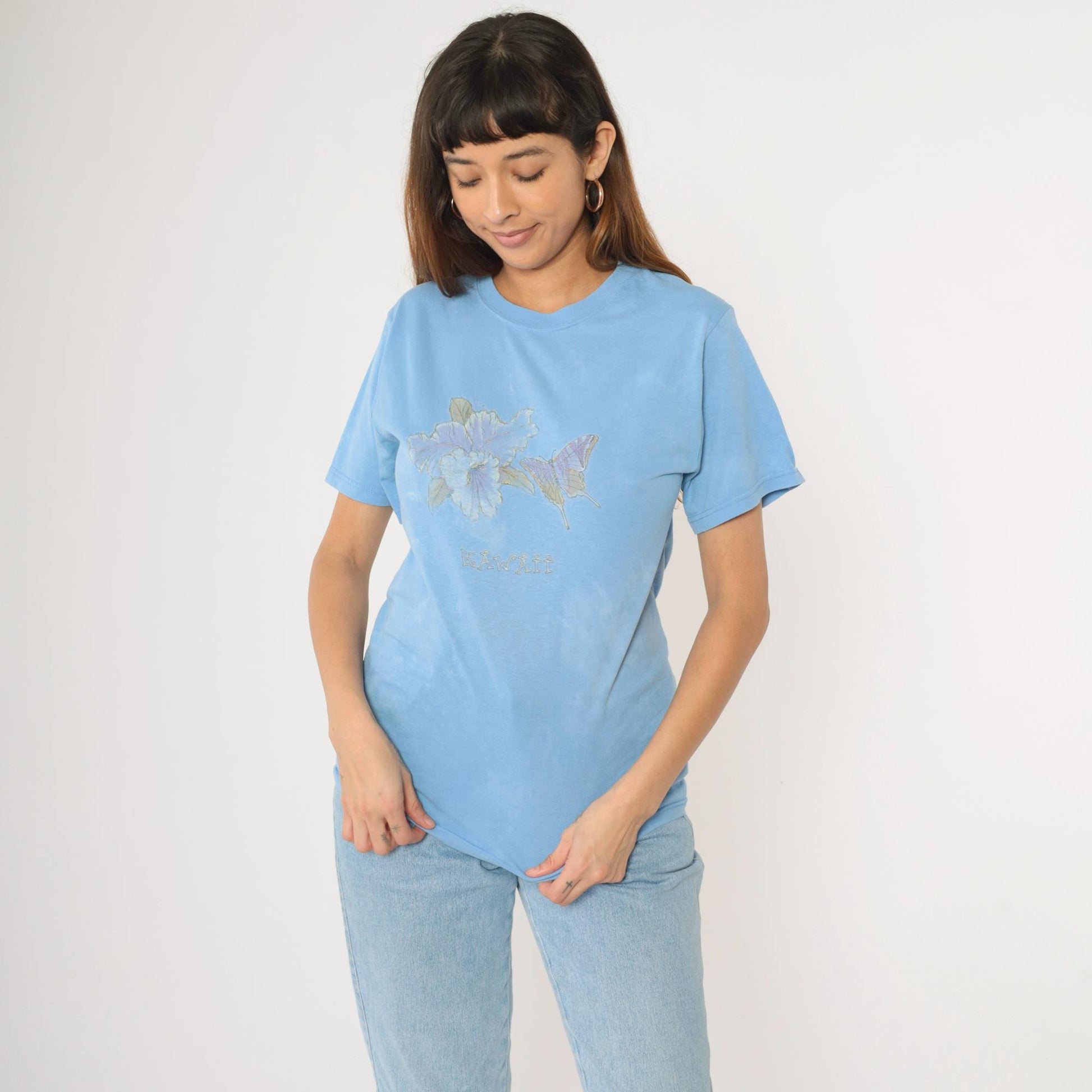 90s Hawaii Butterfly T-Shirt Light Blue Gold Glitter Graphic Tee Small S