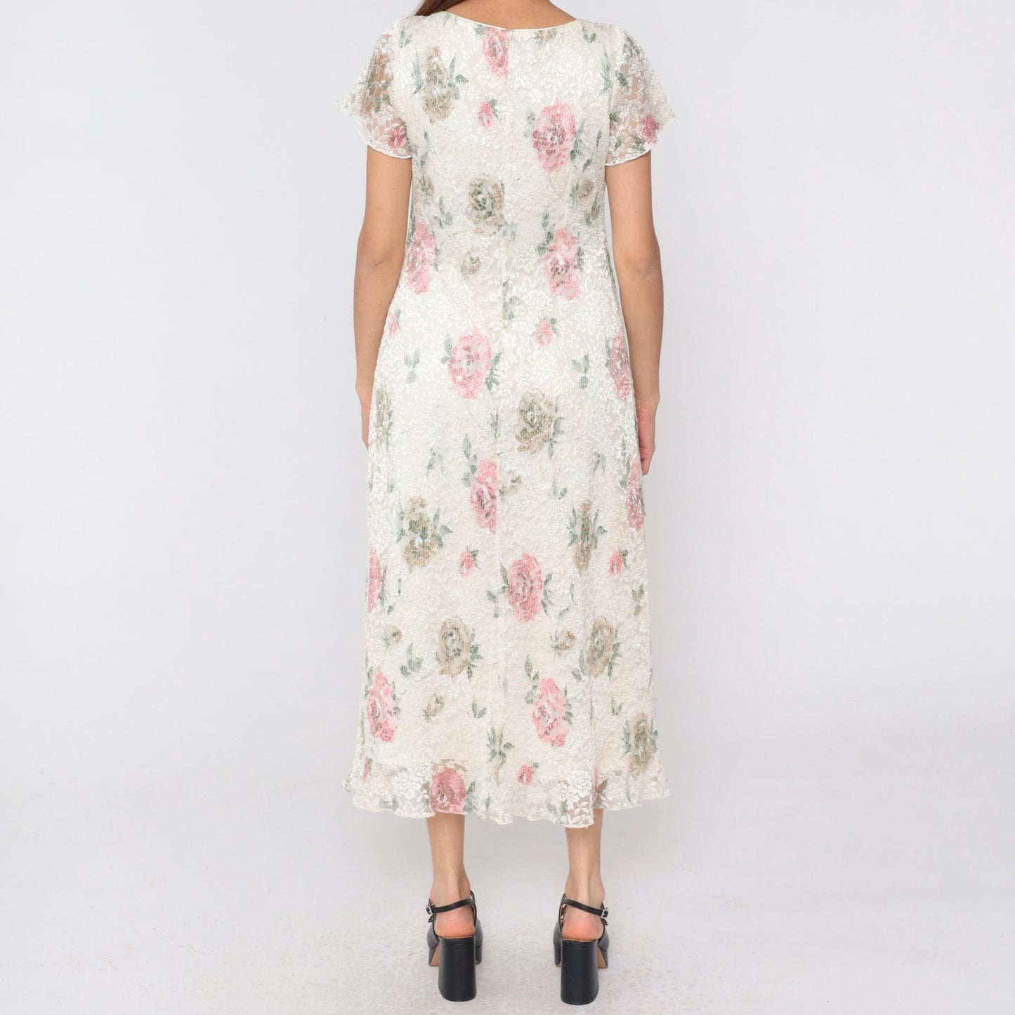 90s Ronni Nicole Petite Floral Lace Midi Dress Off-White Scoop Neck Medium