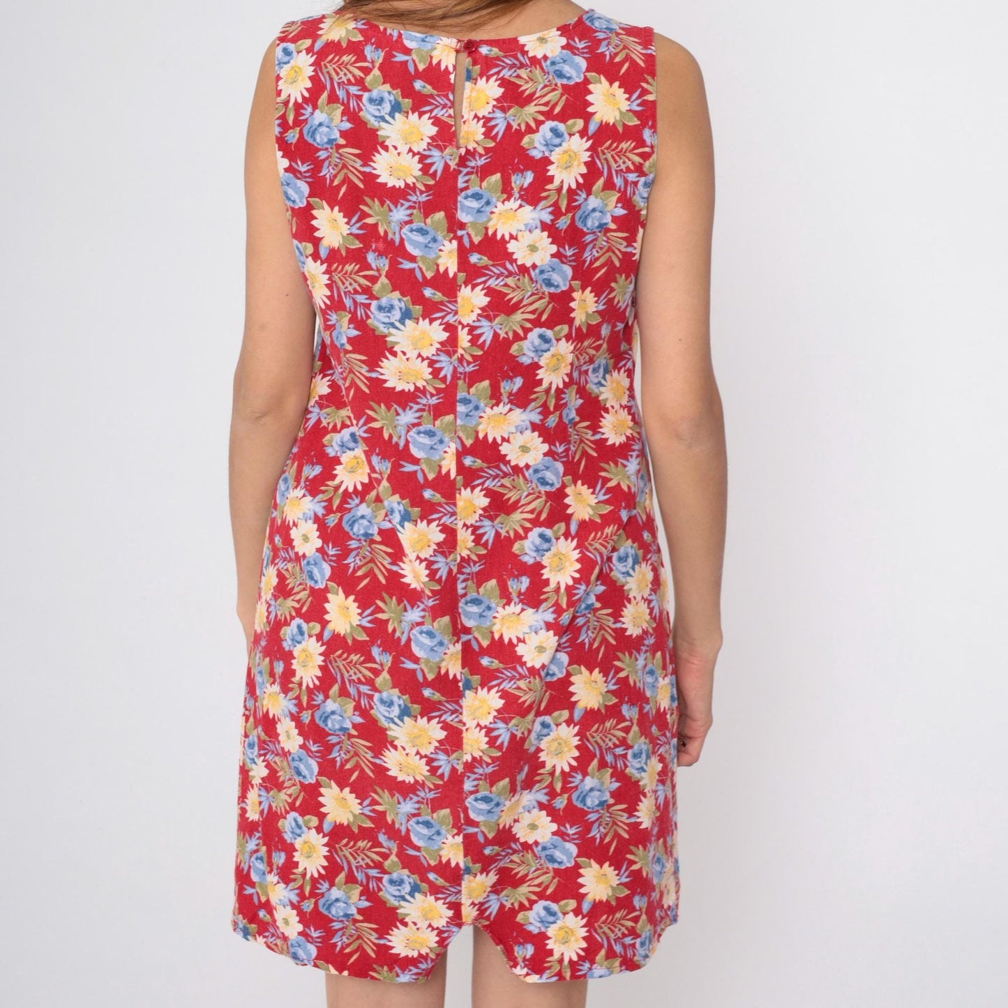 90s Floral Mini Dress Red Wildflower Print Shift Sundress Sleeveless Small Medium