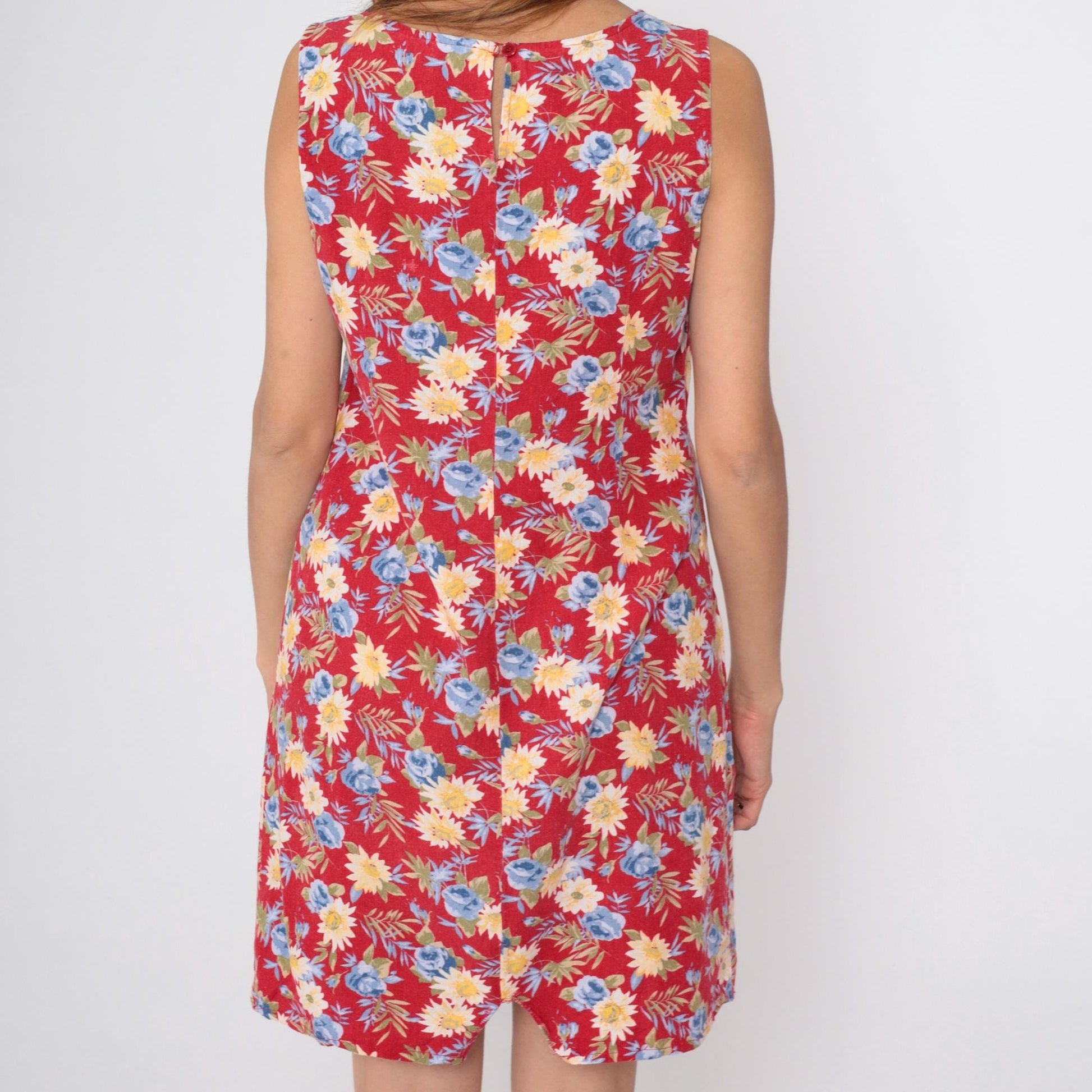 90s Floral Mini Dress Red Wildflower Print Shift Sundress Sleeveless Small Medium