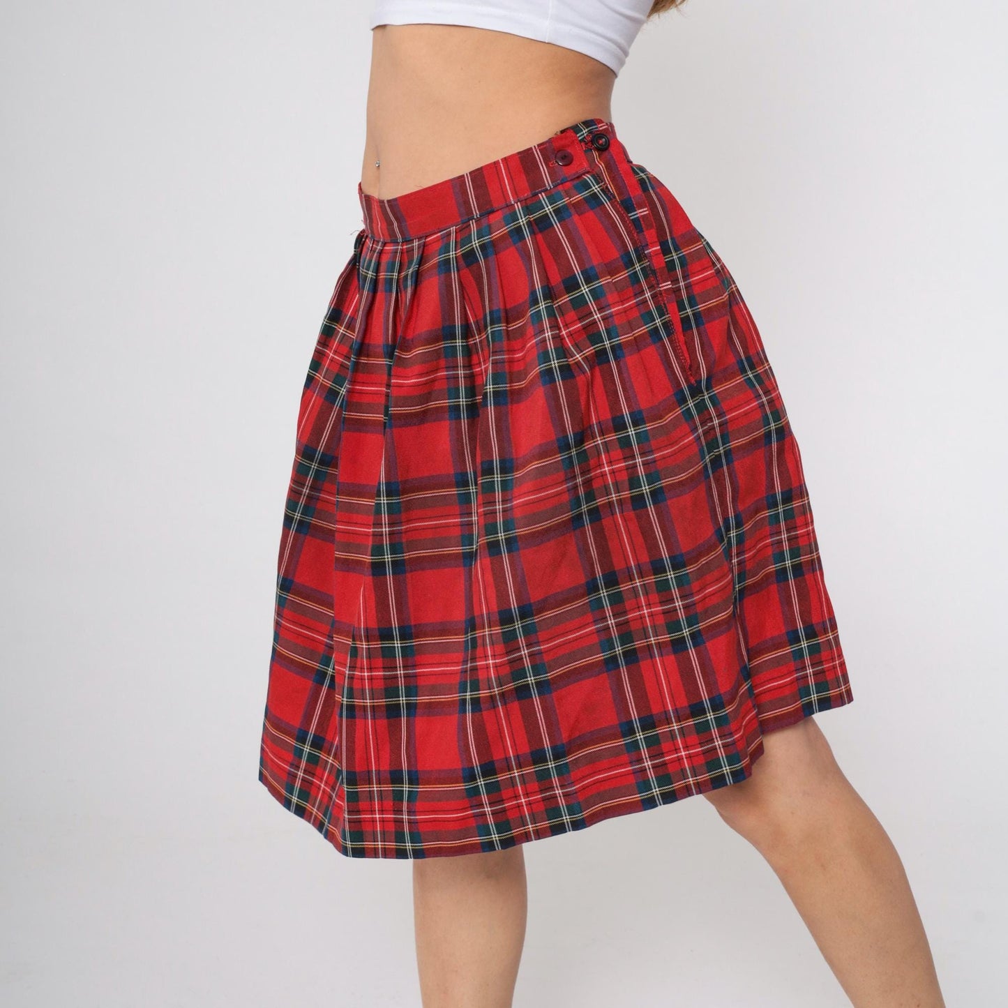 90s Red Plaid Pleated Midi Skirt High Waist Tartan Medium