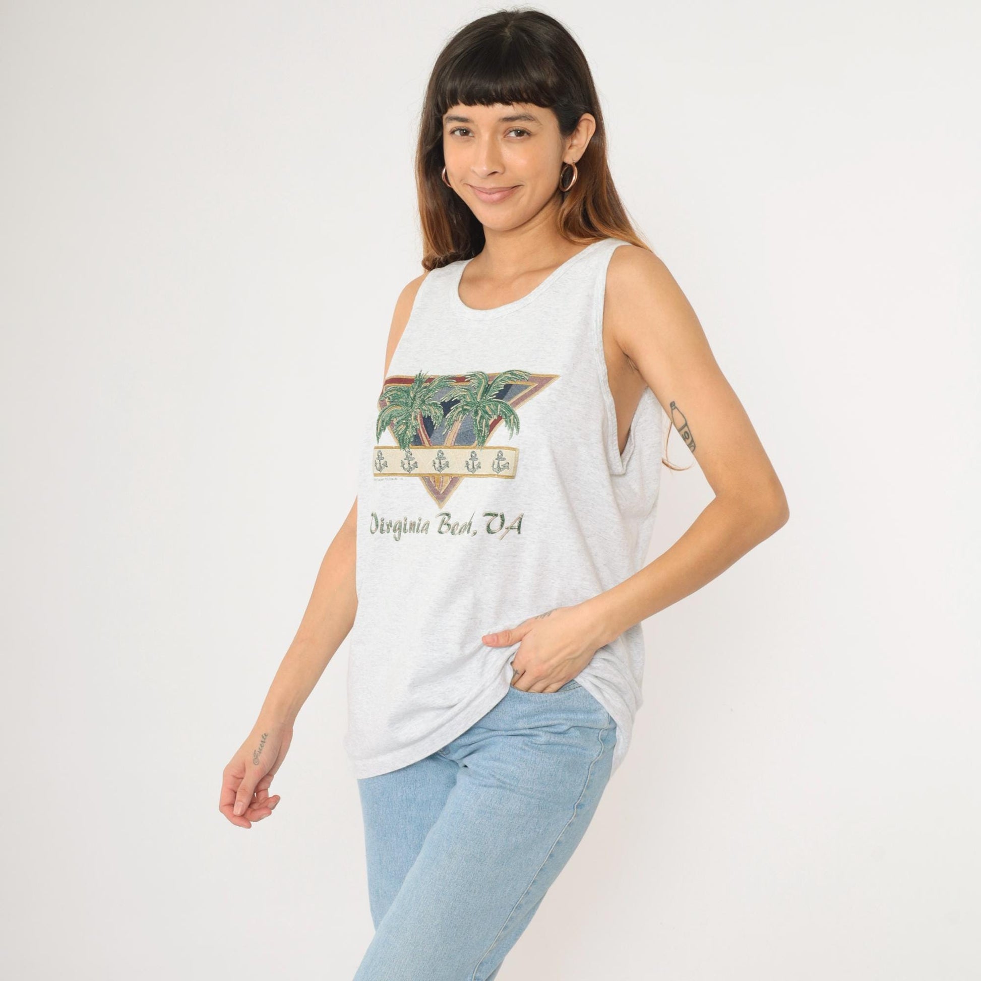90s Virginia Beach Tank Top Graphic Tee Palm Tree Anchor Grey Extra Large