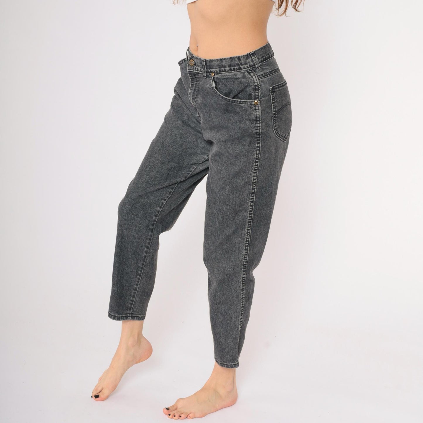 90s Chic High Waisted Tapered Jeans Faded Black Denim Large