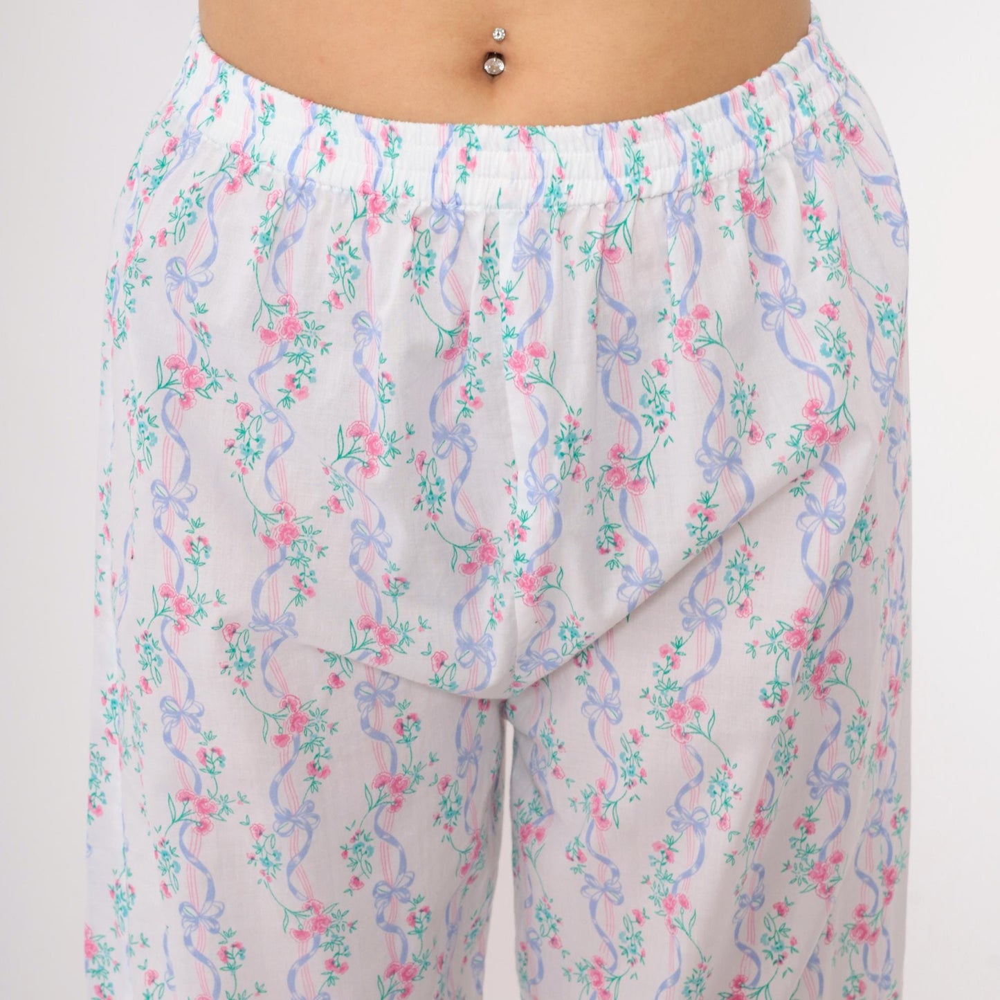 80s Floral Ribbon Pajama Pants White Elastic Waist Sleep Bottoms Medium