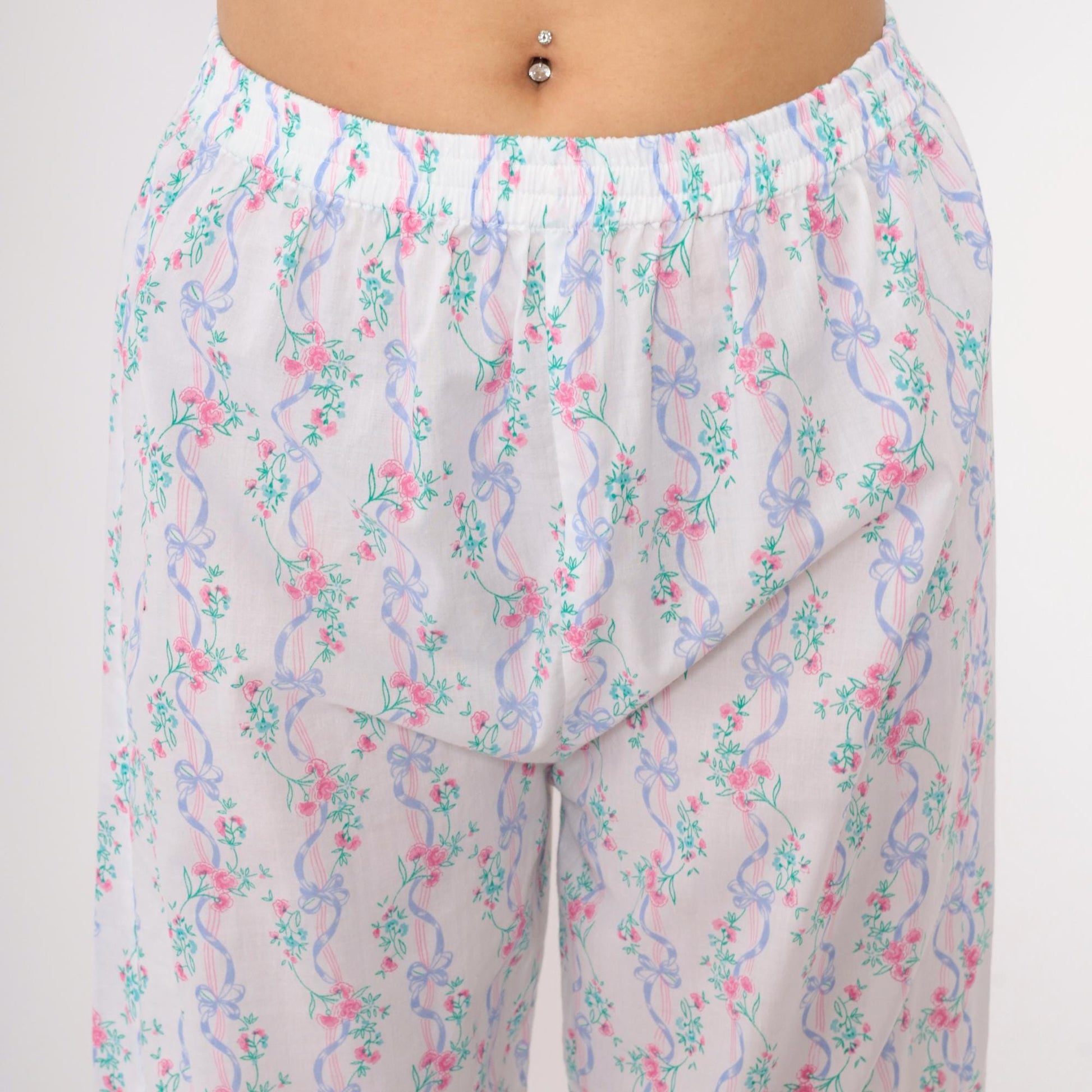 80s Floral Ribbon Pajama Pants White Elastic Waist Sleep Bottoms Medium