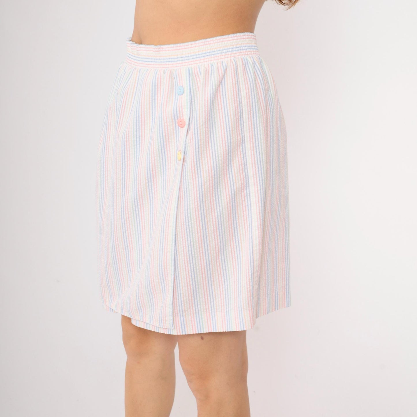 80s Seersucker Striped Skort White Rainbow Pastel High Waist Mini Medium
