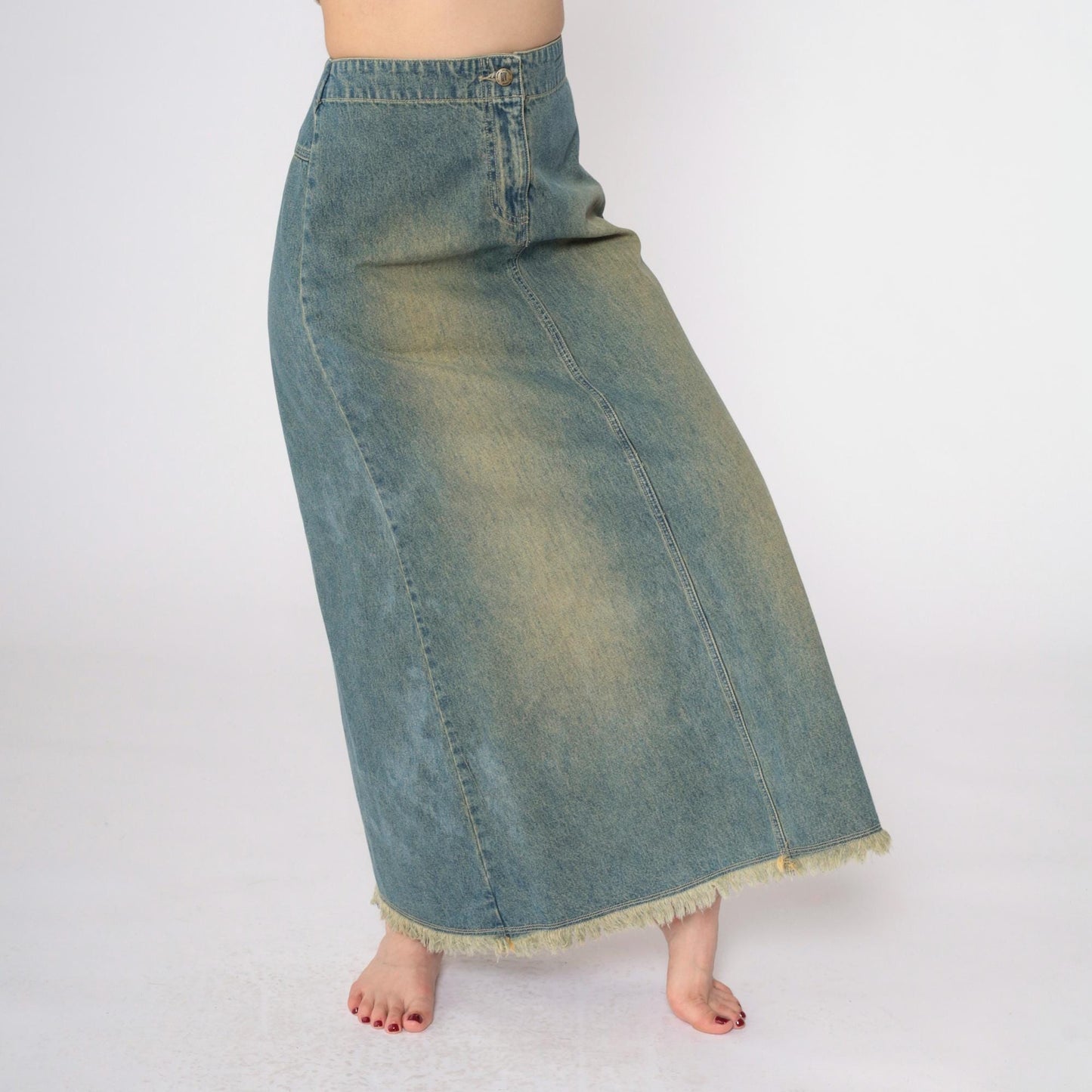 Y2K Blue Denim Maxi Skirt High Rise A-Line Rear Slit Small 6