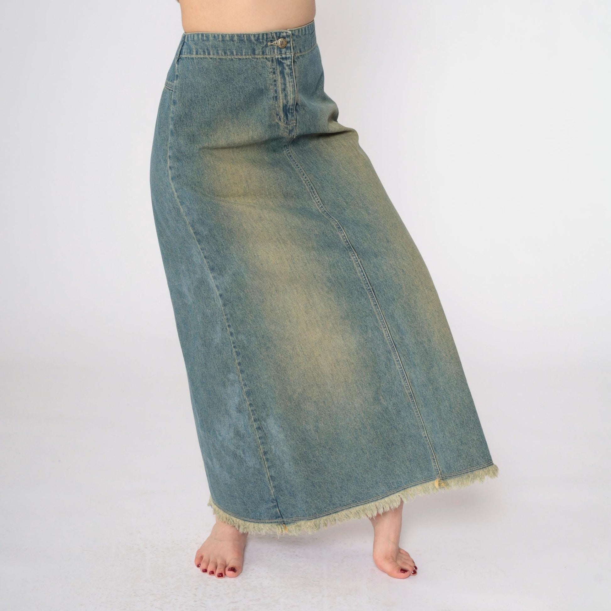 Y2K Blue Denim Maxi Skirt High Rise A-Line Rear Slit Small 6