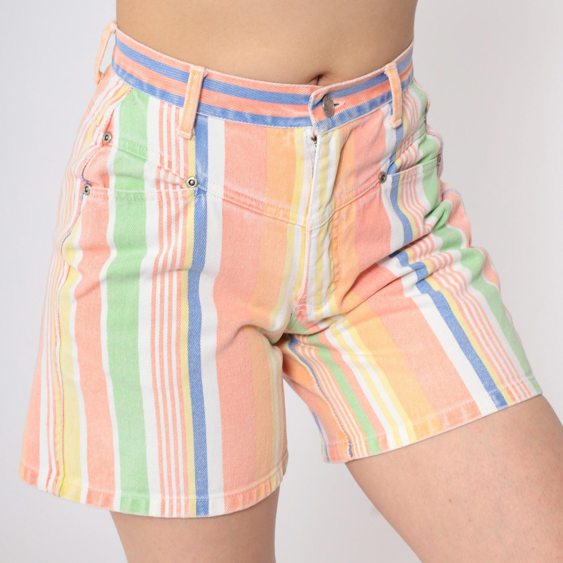 90s Good Fellows Rainbow Striped Denim Shorts High Waist Multicolor Extra Small
