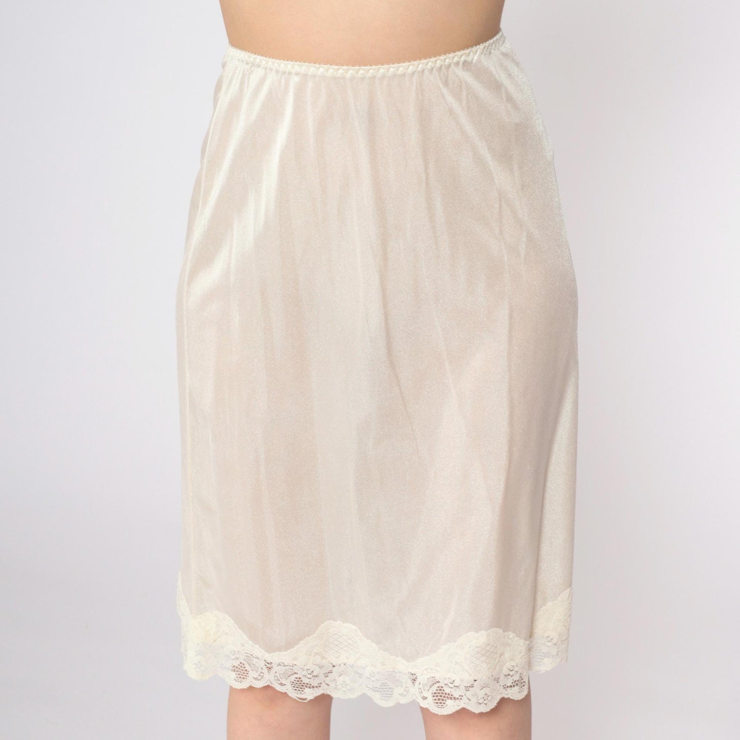 70s Cream Lace Half Slip Skirt Elastic Waist Knee Length Large