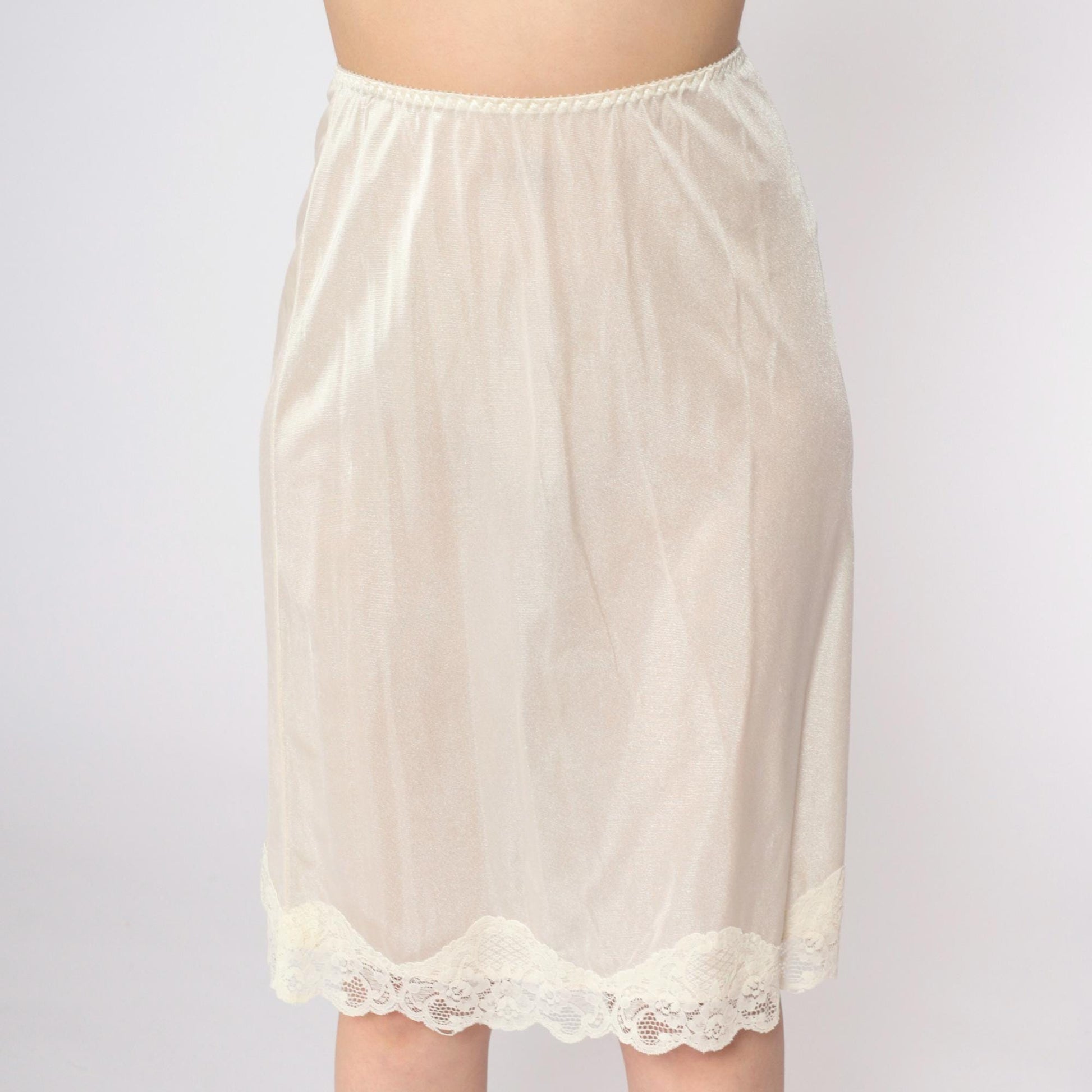 70s Cream Lace Half Slip Skirt Elastic Waist Knee Length Large